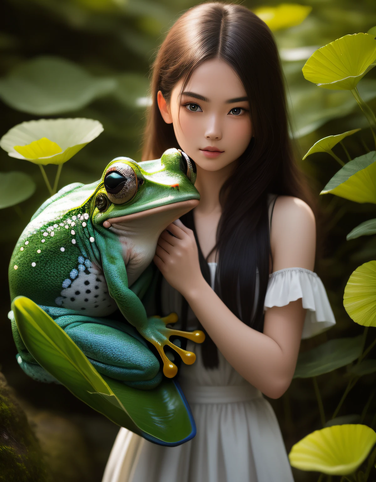 beautiful model, 24 years old holding a frog. photographic quality, photographic ,super detail, high quality, award winning , Hasselblad