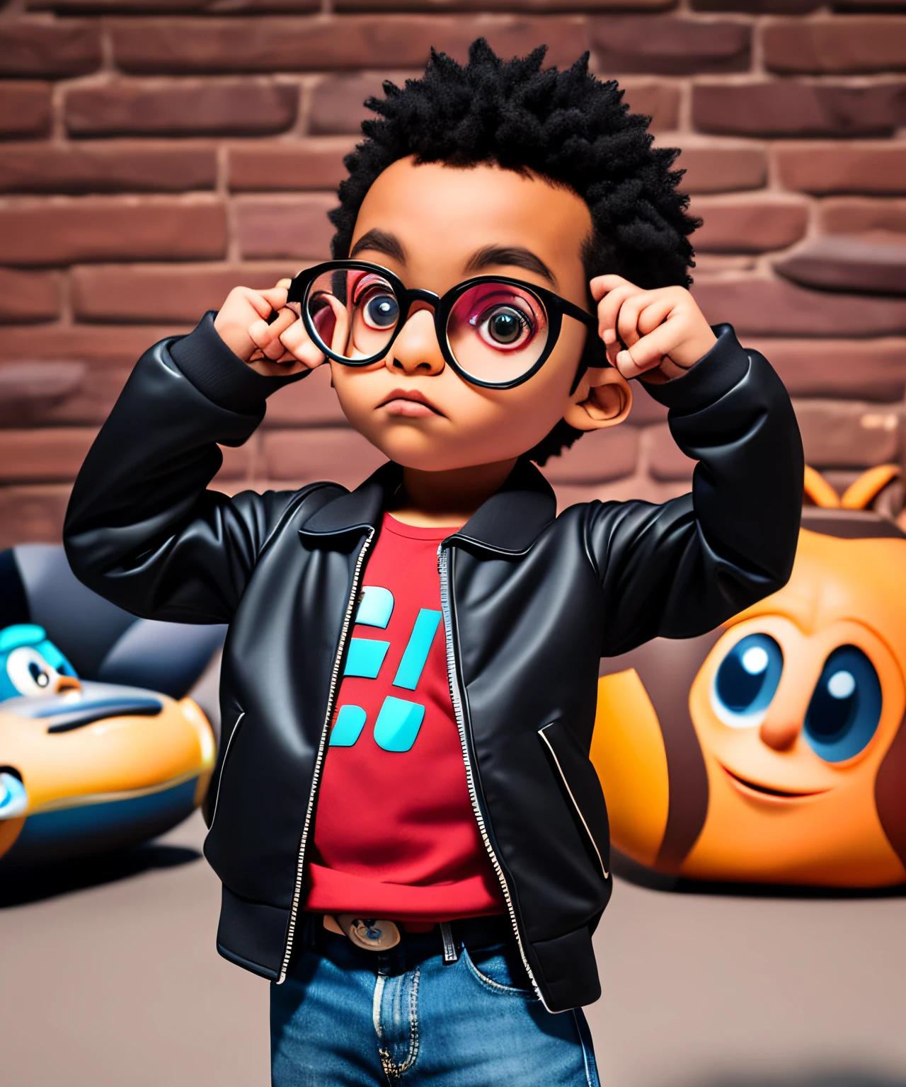 A black boy 3d character aged between 7 and 10 years old has black hair, bald, has a cute and poses for a photographer and eyes straight into the camera, color grading sony a7 70mm camera lens, boy wears leather jacket and wears glasses , pixar, disney style, short hair