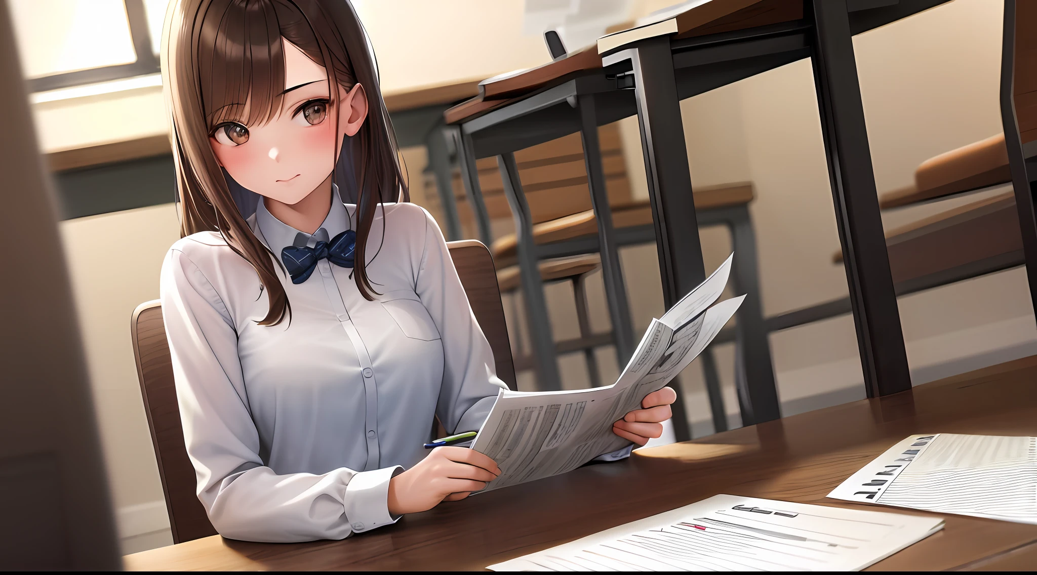 masterpiece, best quality, high resolution, one girl, shirt, girl sitting in chair studying drafting at desk, horizontal angle, studying, paperwork, brown hair, good luck studying, parallel ruler