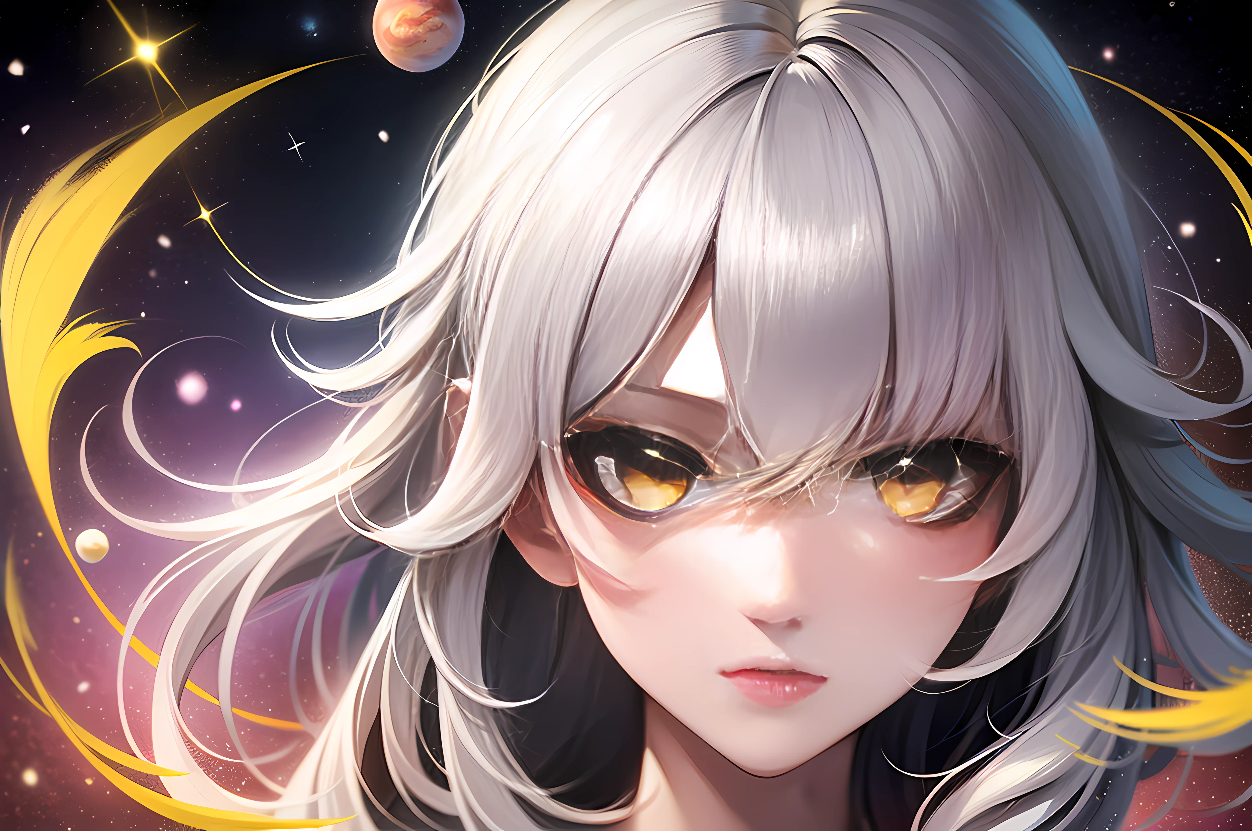 "(Silver hair, golden eyes) in a space background with flashes of planets towards Earth, power of light."