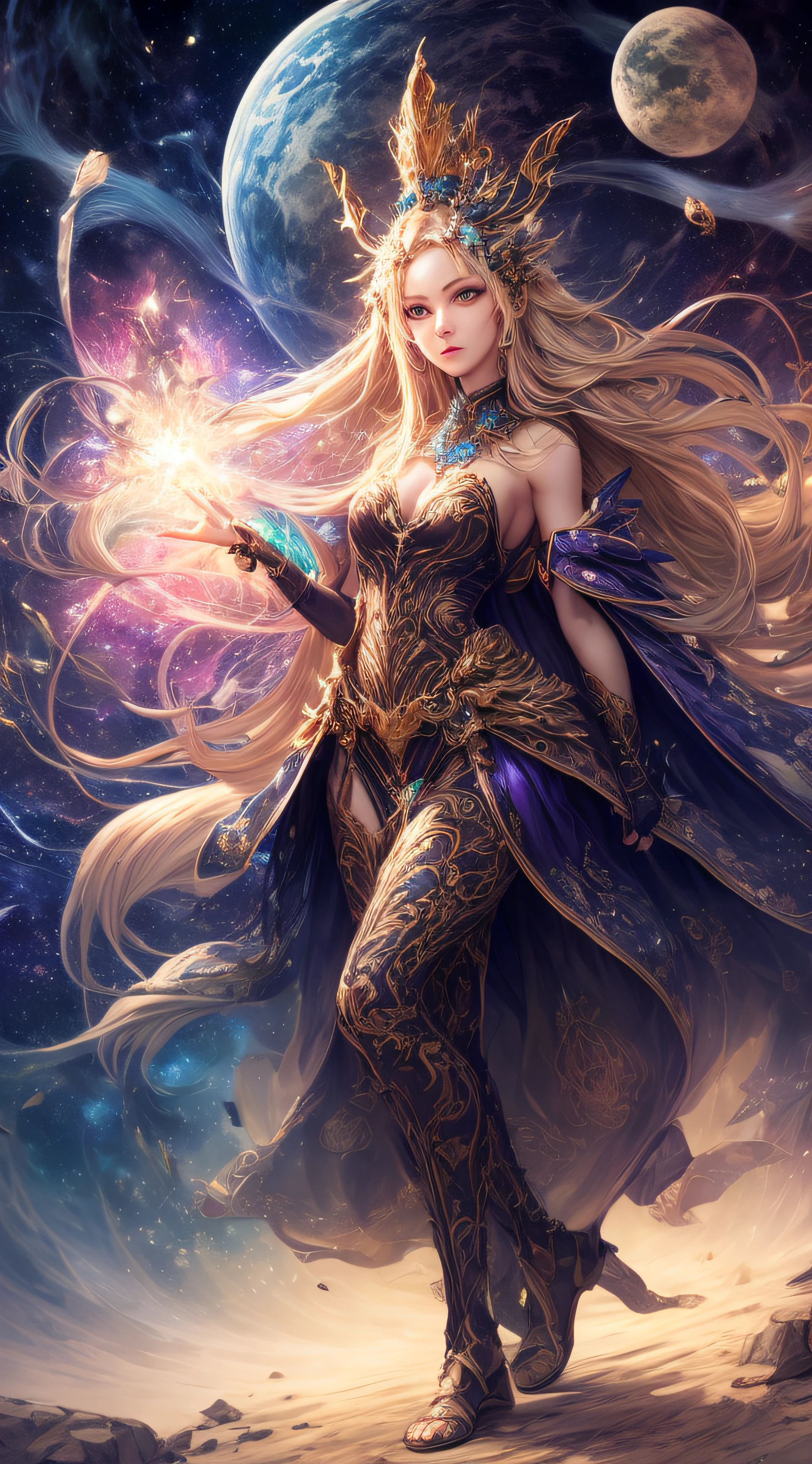 (masterpiece, superior quality, best quality, official art, beautiful and aesthetic), brazilian, detailed face, long blonde hair, full body, violet top and pants, celestial, cosmic, extremely beautiful, high detailed, (galactic in the background ), light effects, more detailed, floating particles, ancient runes, geometric patterns, V0id3nergy, mana, shadows, epic atmosphere --auto