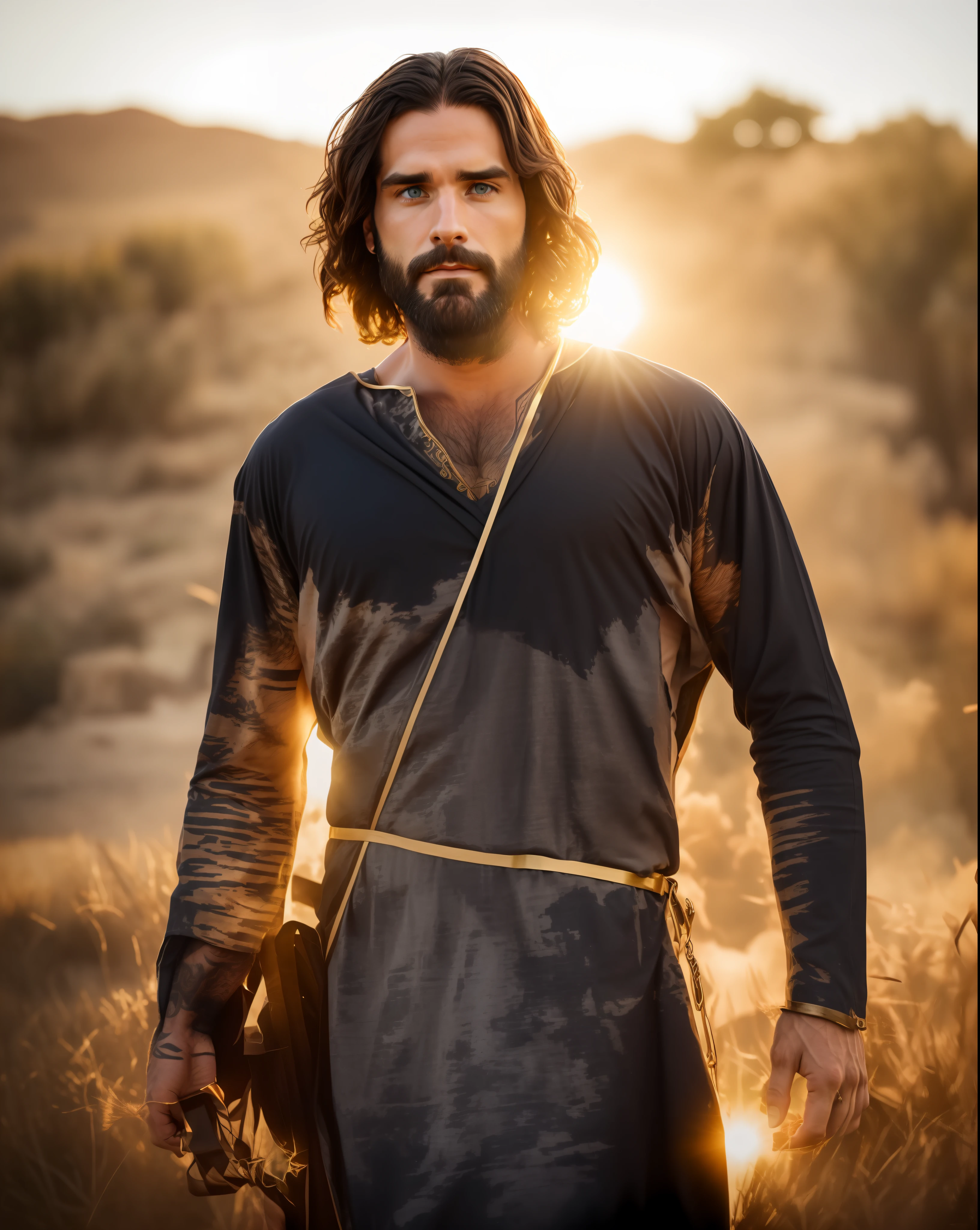 Seth Rollins as Jesus Christ, long hair, similar to seth rollins, wearing tunic, realistic image, best quality, 8k, focus on details.