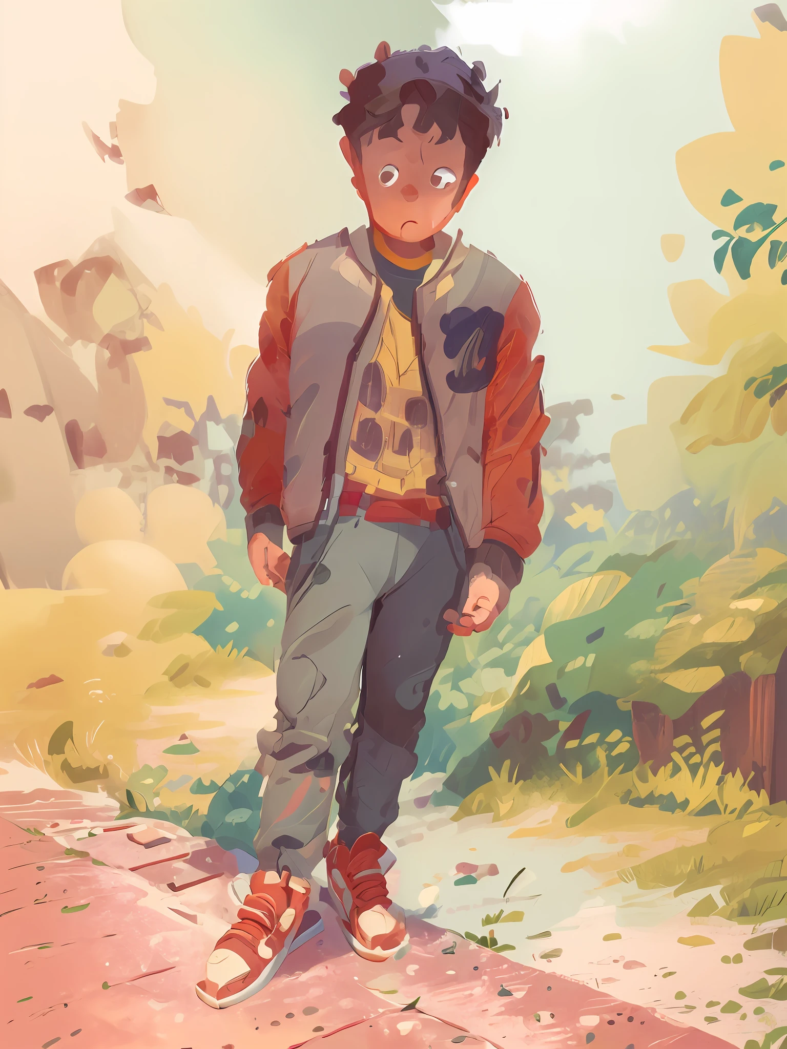 A 5--old starts in front of a sidewalk. Red sneakers, grey tracksuit and a grey jacket. (Very detailed face:3), (Happy face:1.4) with (a big smile:1.2) (real eyes:1.2).