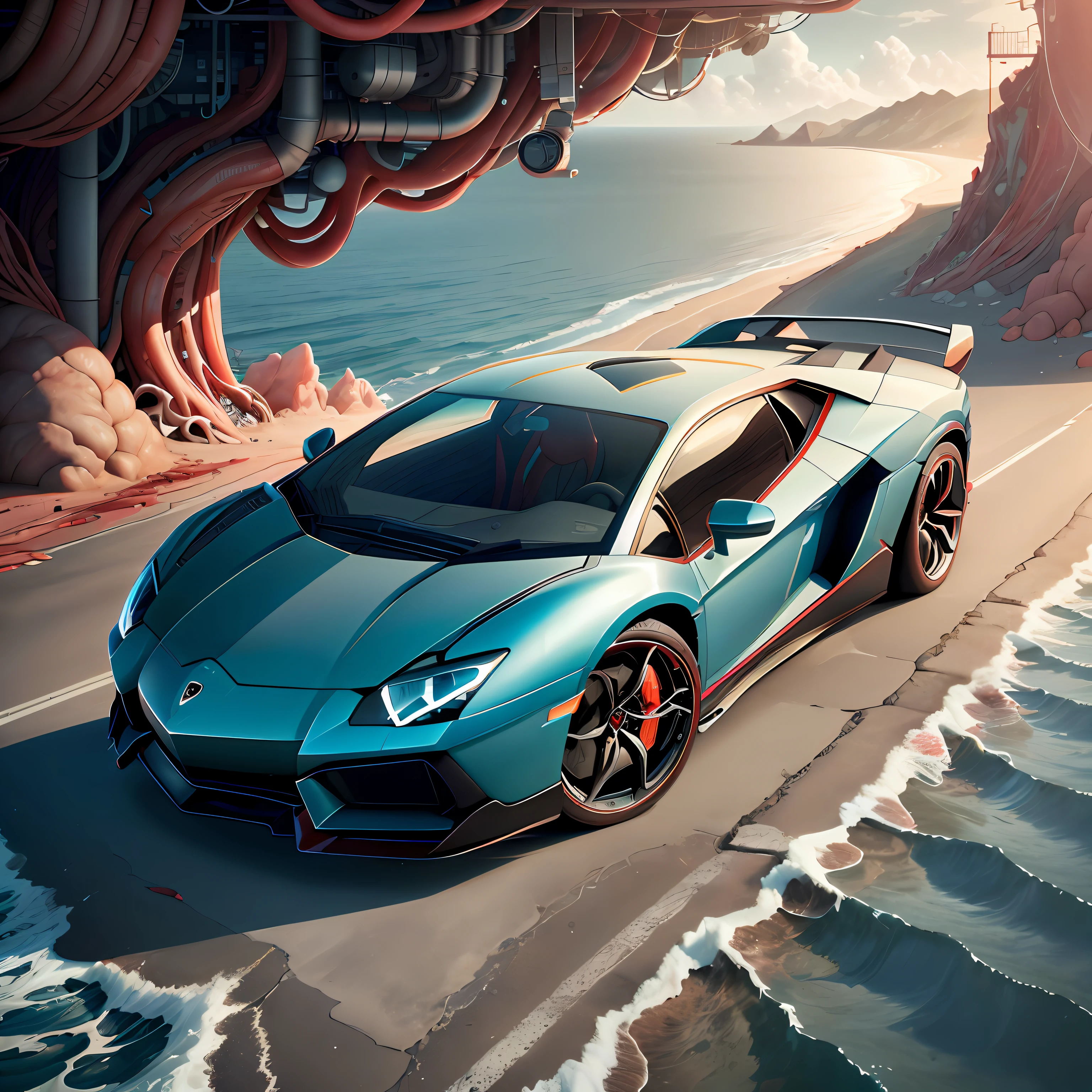 AnatomicTech, blood vessels, scifi 
blue sports car lamborghini aventador, bright, wind track, sea view, clouds in the sky,