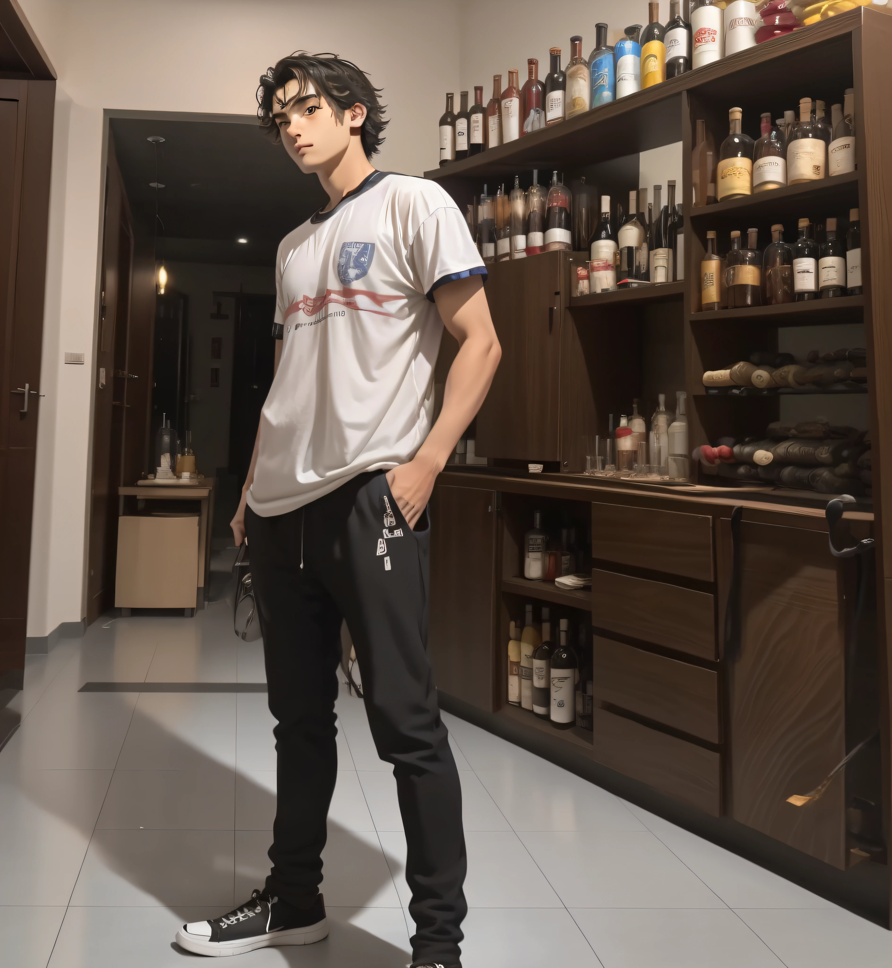 arafed man standing in a room with a lot of bottles on shelves, full body potrait holding bottle, full body picture, full body photogenic shot, casual pose, inspired by Nathan Oliveira, with a cool pose, tommy 1 6 years old, 18 years old, wide angle full body, 1 6 years old, mateus 9 5