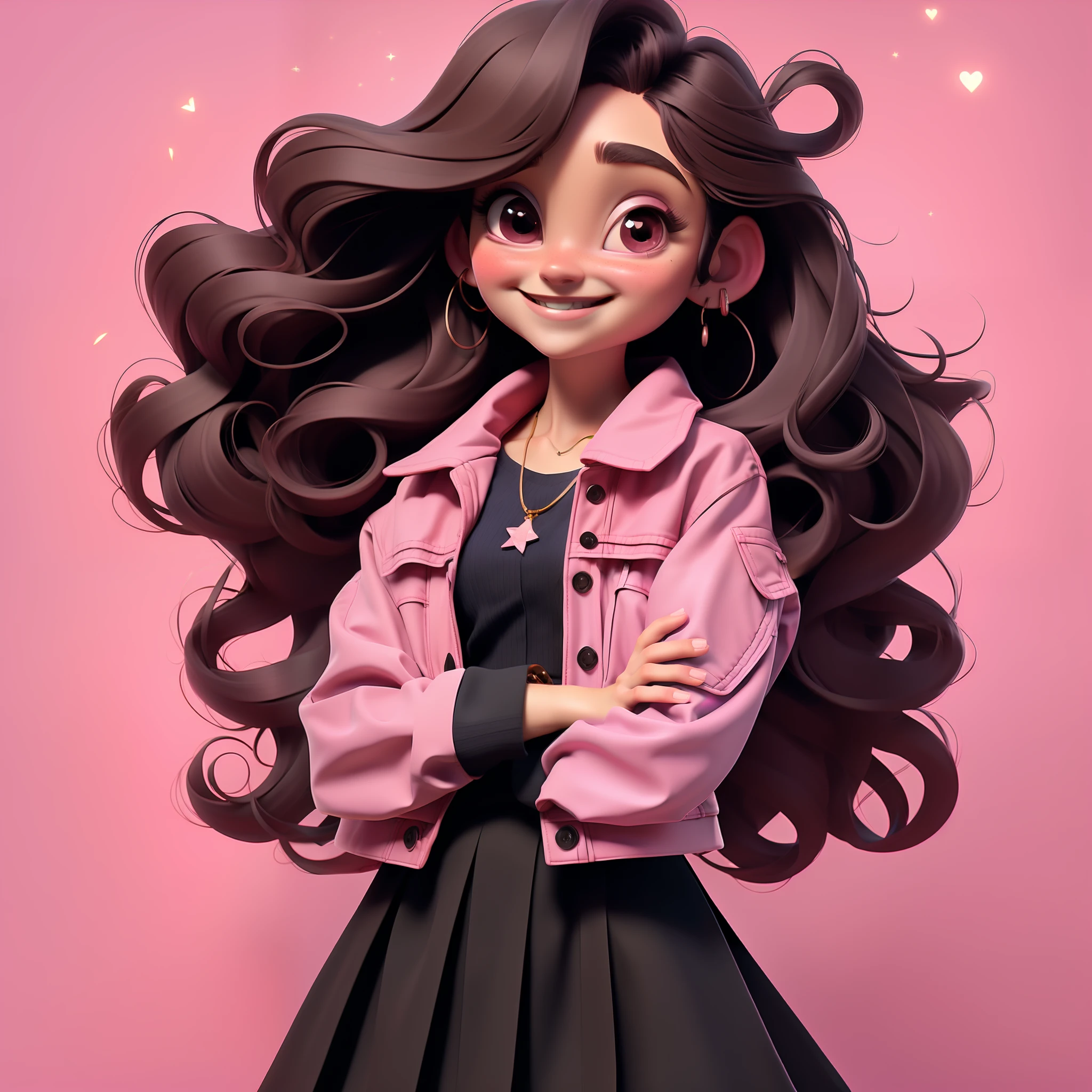 1girl, long hair, freckles, brown eyes, earrings, jewelry, solo, skirt, looking at the viewer, arms crossed, black hair, smile, very long hair, star hair ornament, jacket, lips, simple background, curly hair, pink clothing