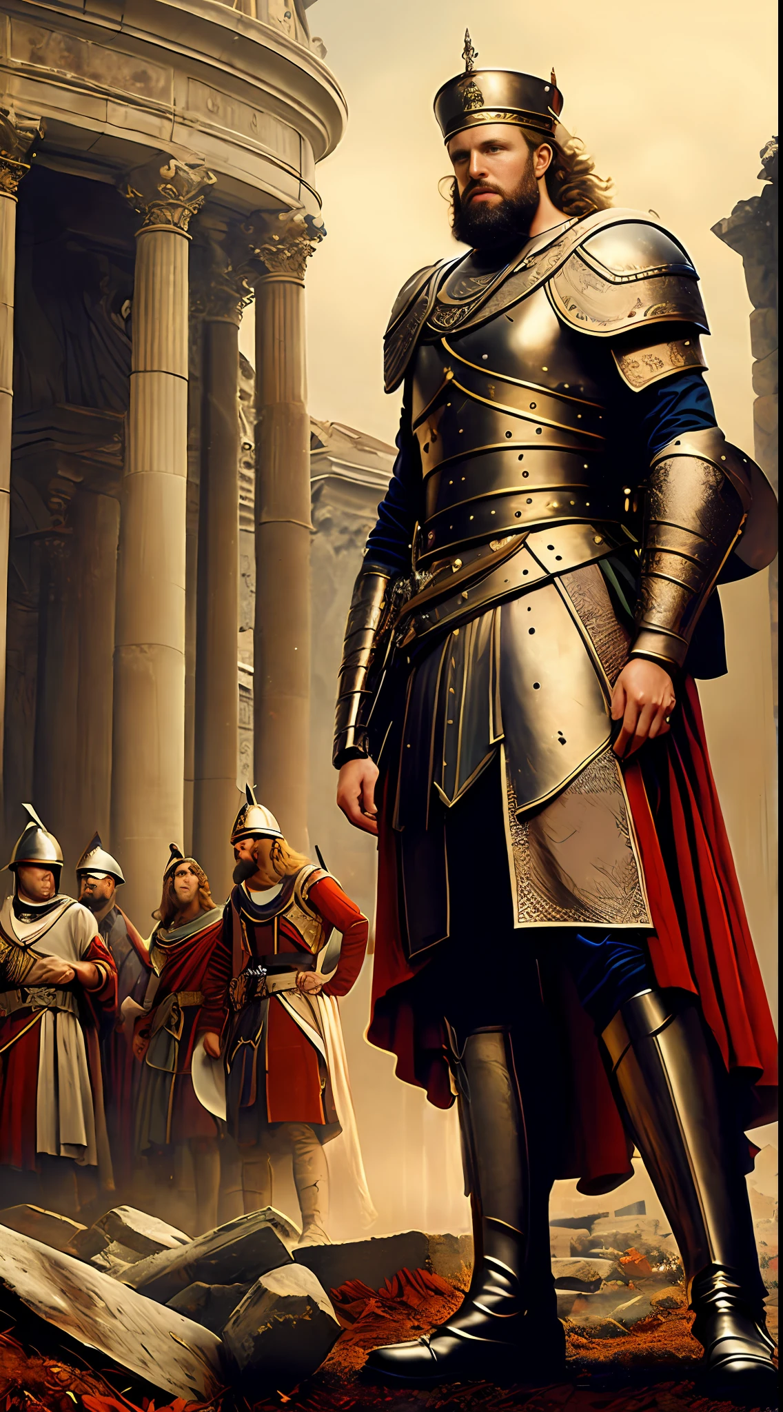 (masterpiece, HDR, realistic art, detailed:1.3) King Alaric I, battle-hardened and fearsome, (wild, windswept hair and beard:1.2), clad in the traditional Germanic attire of 400 AD, standing victoriously alongside his Visigoth soldiers, ancient city of Rome in ruins, a testament to his conquest, (evocative battlefield-setting:1.4), strewn with fallen Roman soldiers, inspired by the artistic styles of Gaston Bussiere and Alphonse Mucha, high dynamic range, dramatic lighting, emphasizing the gritty reality of the 5th-century conflict.