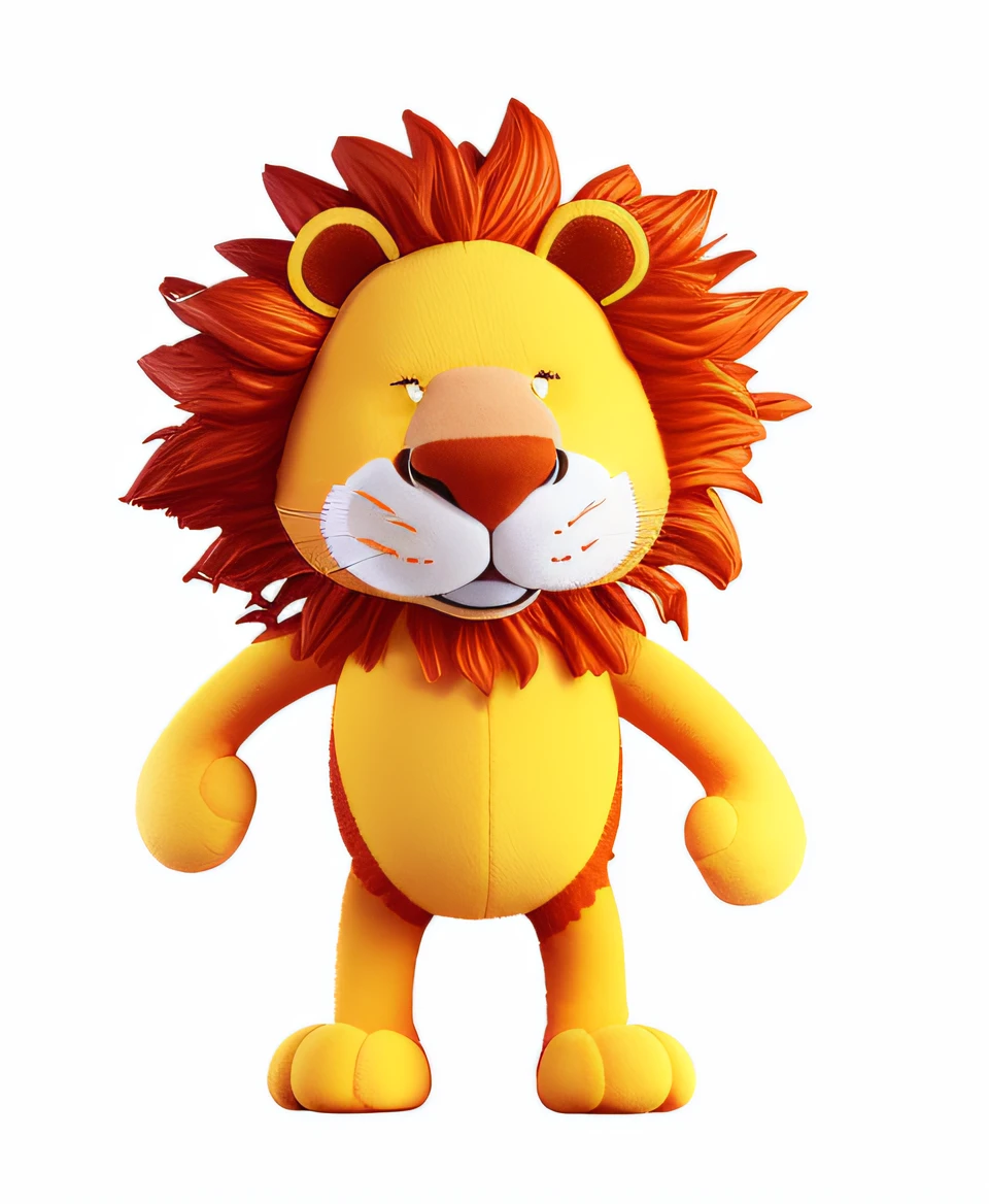 There is a yellow lion toy with an orange mane, 3D full body lion, Aslam the lion, cute lion, lion, animation character, claymation character, full body mascot, plush mascot, simba, king of the jungle , like a claymation character, plush, half lion, cartoon character