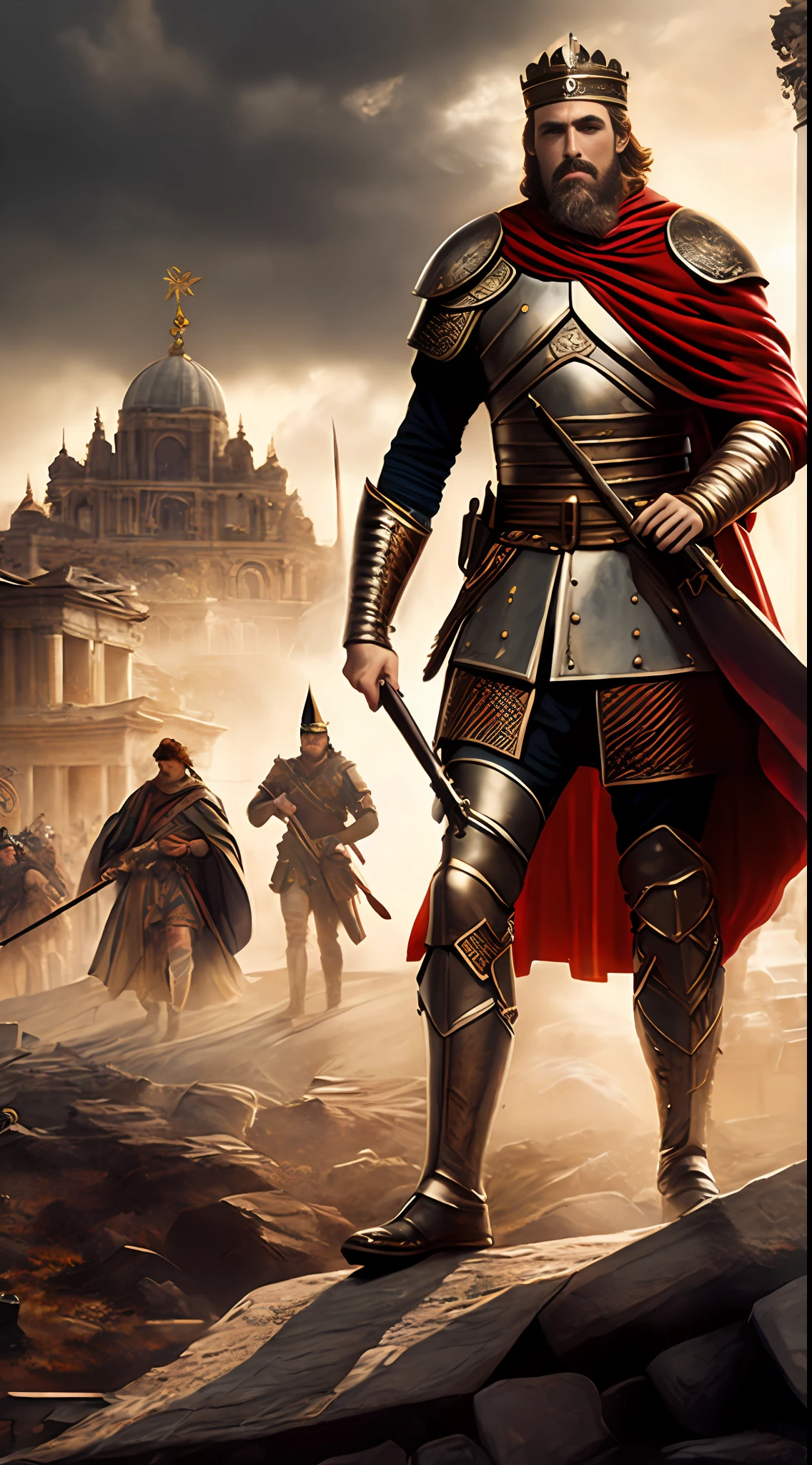 (masterpiece, HDR, realistic art, detailed:1.3) King Alaric I, battle-hardened and fearsome, (wild, windswept hair and beard:1.2), clad in the traditional Germanic attire of 400 AD, standing victoriously alongside his Visigoth soldiers, ancient city of Rome in ruins, a testament to his conquest, (evocative battlefield-setting:1.4), strewn with fallen Roman soldiers, inspired by the artistic styles of Gaston Bussiere and Alphonse Mucha, high dynamic range, dramatic lighting, emphasizing the gritty reality of the 5th-century conflict.