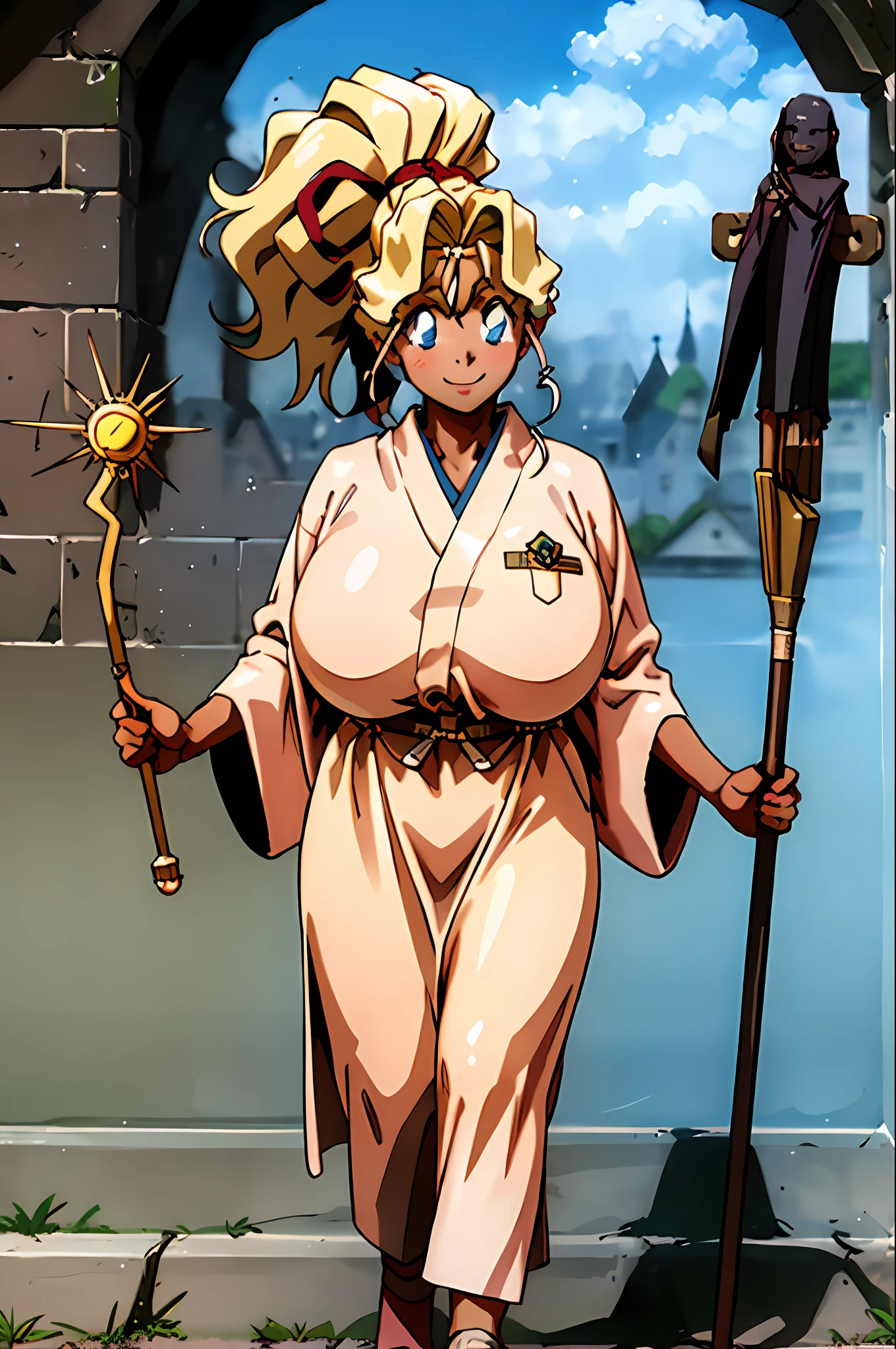 masterpiece, 1girl, Kuramitsu mihoshi, brown hair, dark skin, wizard robes, holding staff, smiling, blush, castle, brick floor, medieval, dust, fog, sunny, clouds, s, walking, full body, huge breast, thicc, blue eyes, priestess