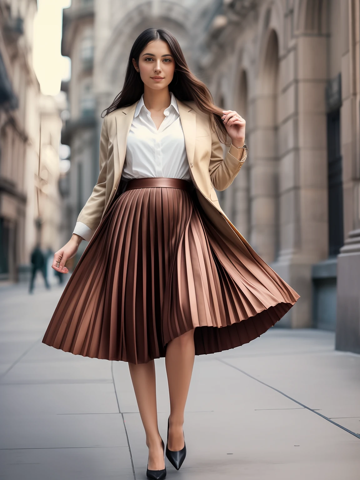 authentic (kind and tender) good woman wearing a short blazer with a very very detailed (long (fully pleated) full circle skirt) and (simple) low heeled office shoes, very very intricate hyper-detailed symmetric (attractive graceful young feminine face) with (sad, tired eyes and shy smile), full of empathy and compassion and love, (pronounced (feminine) features), (highly detailed ultra accurate realistic) hands and fingers, (windy conditions and wind blowing), epic composition, highly detailed attributes, highly detailed atmosphere, (35mm f1.4 Kodak portra 400 photograph), extremely high quality RAW photograph, detailed space operation communications background, intricate, Exquisite details and textures,
