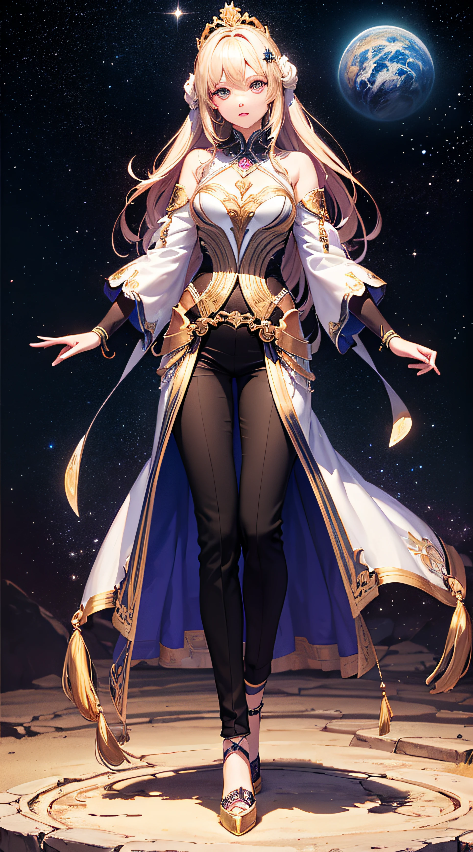 (masterpiece, superior quality, best quality, official art, beautiful and aesthetic), brazilian, detailed face, long blonde hair, full body, violet top and pants, celestial, cosmic, extremely beautiful, high detailed, (galactic in the background ), light effects, more detailed, floating particles, ancient runes, geometric patterns, V0id3nergy, mana, shadows, epic atmosphere --auto