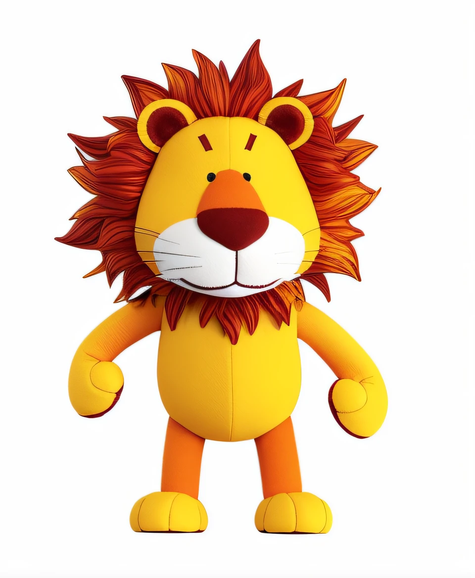There is a yellow lion toy with an orange mane, 3D full body lion, Aslam the lion, cute lion, lion, animation character, claymation character, full body mascot, plush mascot, simba, king of the jungle, like a claymation character, plush, half lion, cartoon character wearing a business suit.