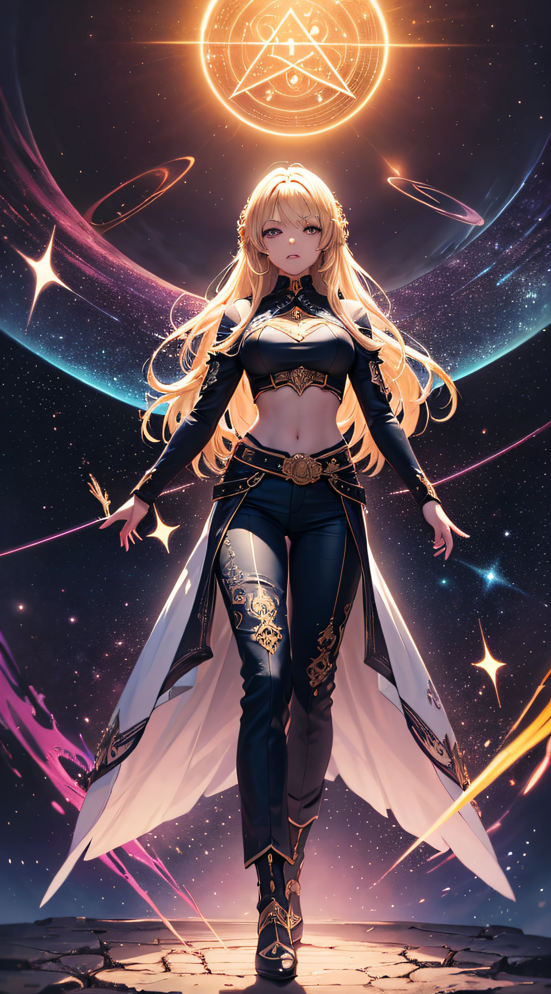 (masterpiece, superior quality, best quality, official art, beautiful and aesthetic), brazilian, detailed face, long blonde hair, full body, violet top and pants, celestial, cosmic, extremely beautiful, high detailed, (galactic in the background ), light effects, more detailed, floating particles, ancient runes, geometric patterns, V0id3nergy, mana, shadows, epic atmosphere --auto
