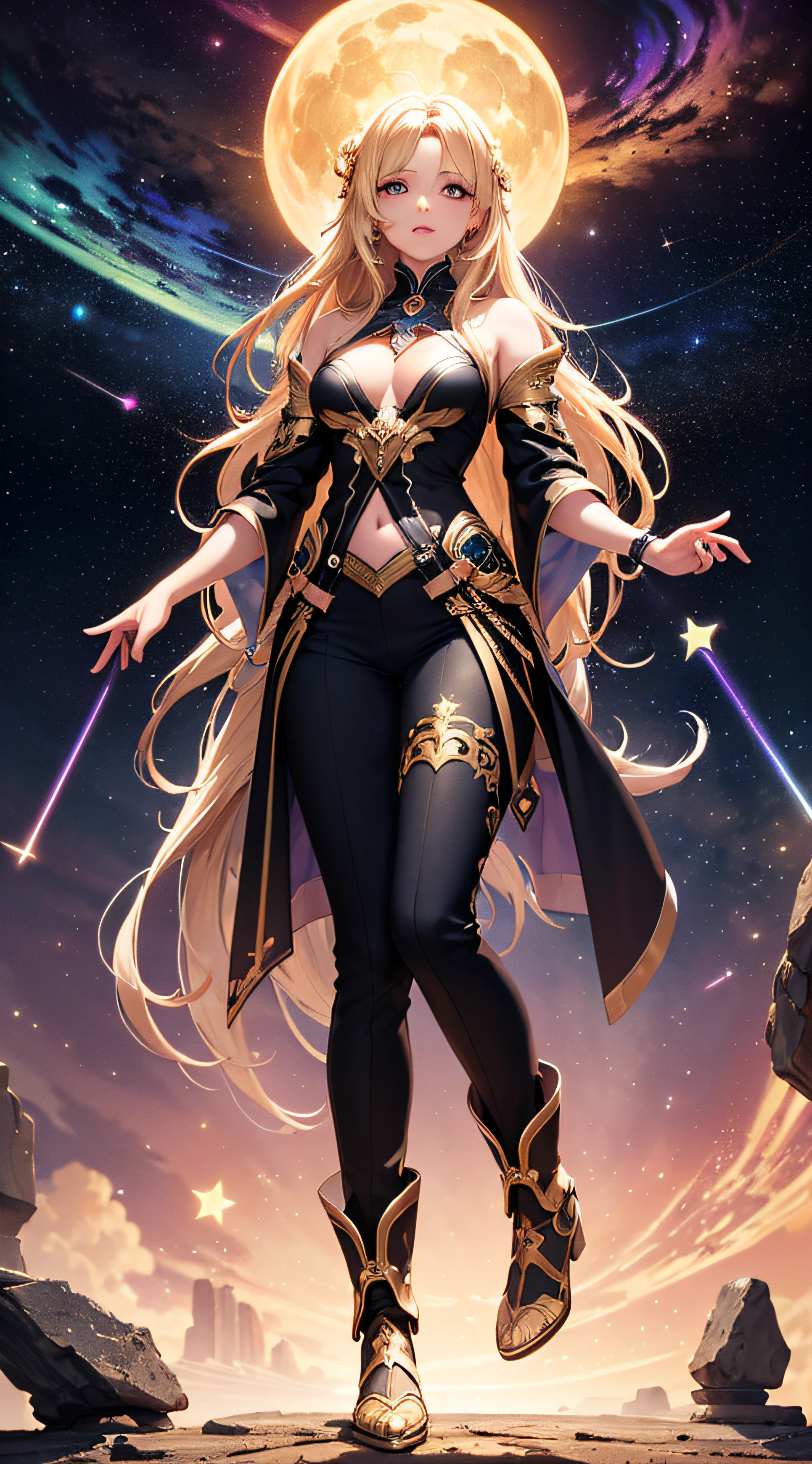 (masterpiece, superior quality, best quality, official art, beautiful and aesthetic), brazilian, detailed face, long blonde hair, full body, violet top and pants, celestial, cosmic, extremely beautiful, high detailed, (galactic in the background ), light effects, more detailed, floating particles, ancient runes, geometric patterns, V0id3nergy, mana, shadows, epic atmosphere --auto