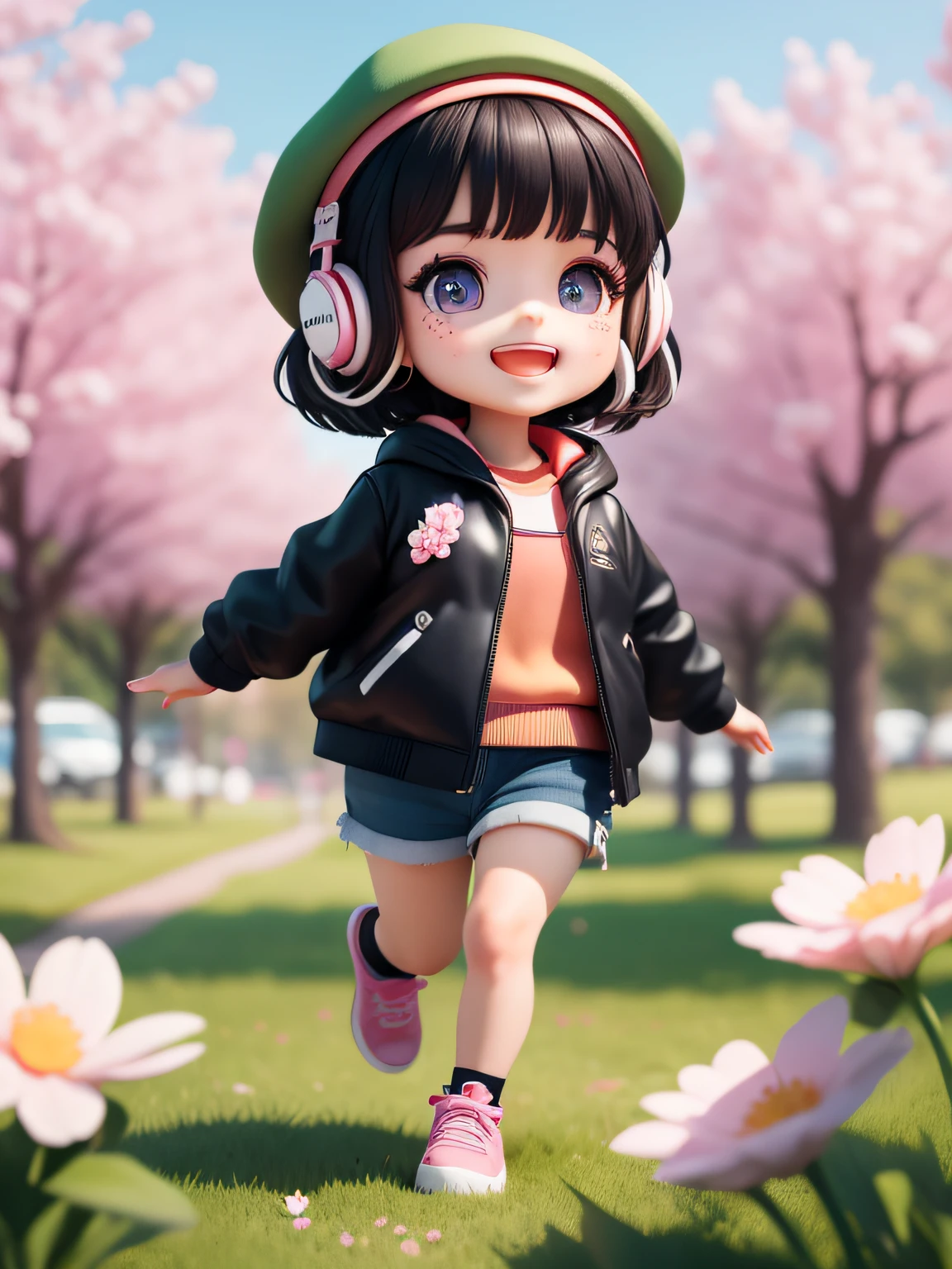 (masterpiece), (best quality), (ultra-detailed), (full body: 1.2), 1 girl, chibi, cute, smile, open mouth, flower, outdoor, running, beret, black jacket, blush, tree, :3, shirt, short hair, cherry blossoms, blurry, black hair, long sleeves, bangs, earphones, black hair, pink flower, (beautiful and detailed face), (beautiful and detailed eyes),