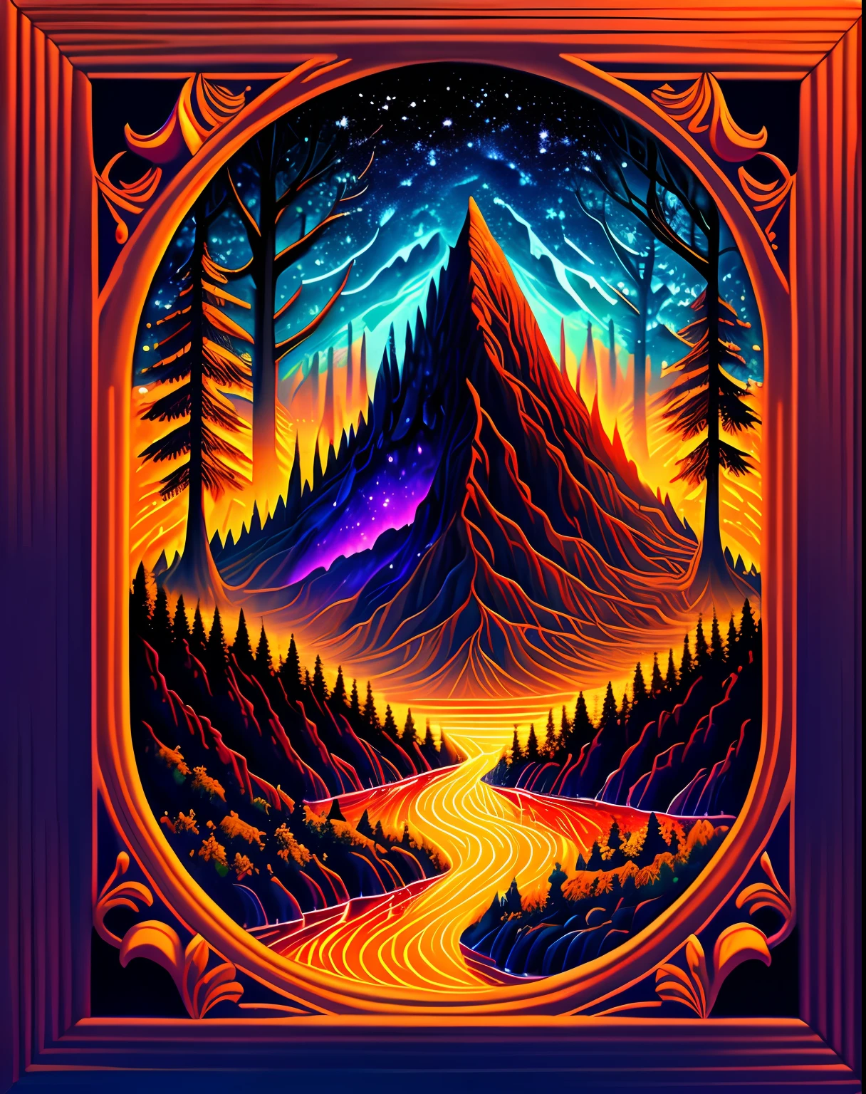 A beautiful forest full of water and lava, intricate, masterpiece, expert, insanely detailed, 4k, composition, framing, centered, symmetry, painted, intricate, volumetric lighting, beautiful, rich masterpiece of deep colors, sharp focus, ultra detailed, in the style of dan mumford and marc simonetti, astrophotography