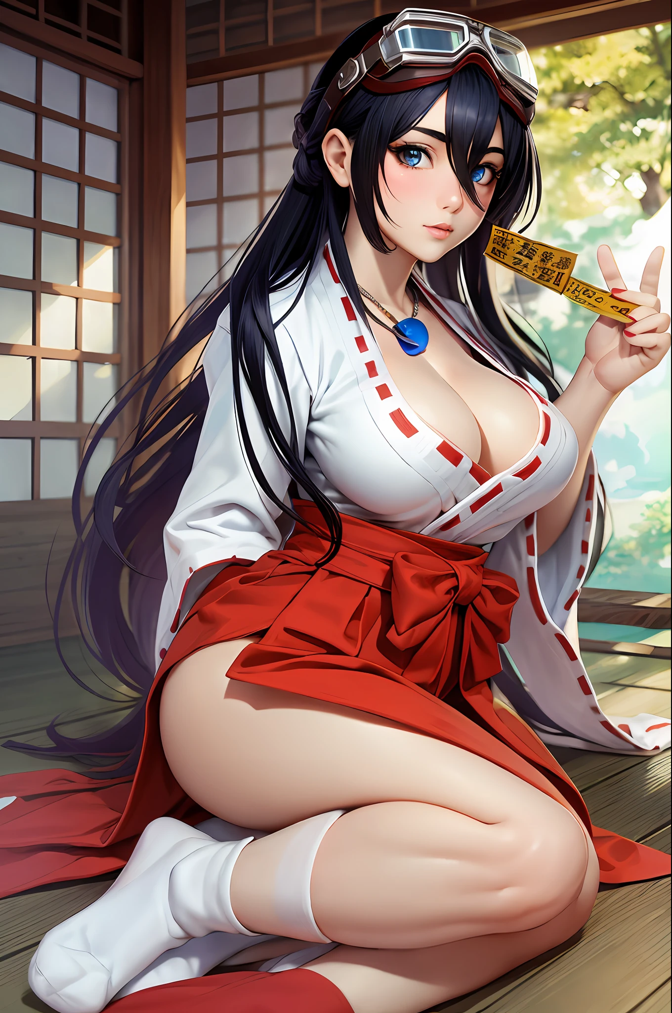 8K, 1 Girl,koyori_togashi, Solo, long_hair, Big, Skirt, large_breasts, Cleavage, japanese_clothes,Magatama, Goggles, Hakama, hakama_skirt, goggles_on_head, Ofuda, Miko, Tabi Socks, red_hakama,Japan Shrine,(Masterpiece:1.4),(Best Quality:1.4) ,(glossy skin),(big, mature woman, blush, 20yo, narrow eyes, highlights in the eyes)