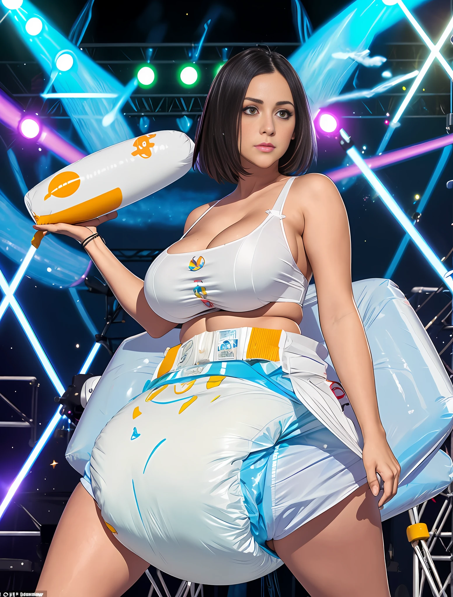 Sexy woman wearing (big diapers), busty, big breasts, wide hips, magical, beautiful faces, (stage), (stage lights), luxury, beautiful, colorful, inflatables, cleavage, (hypnotized), (blushing), (expressionless), (mind control), (pleasure)