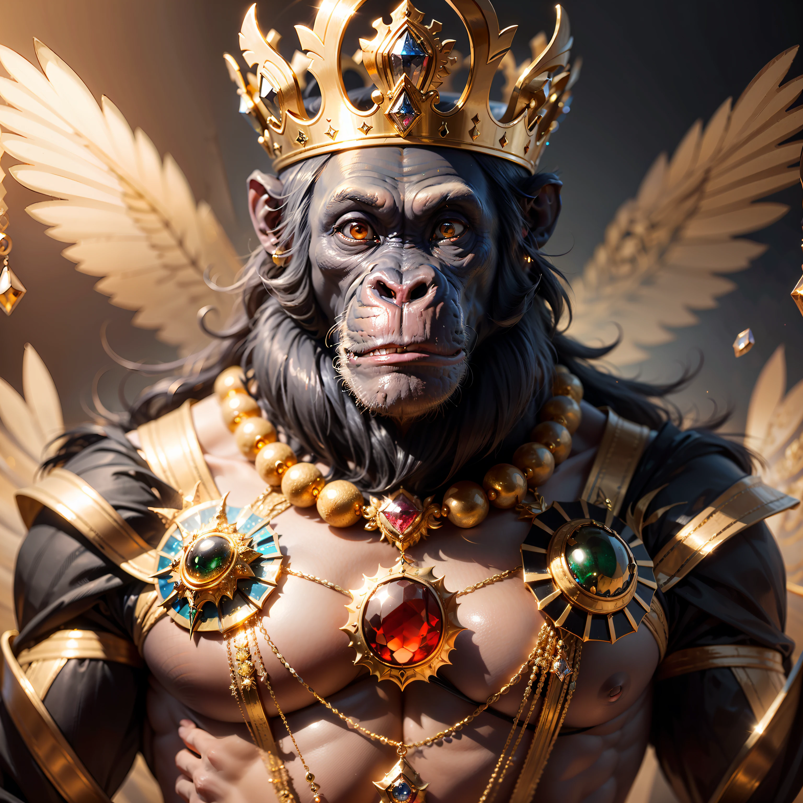 Chimpanzee king,,(elegant),, sovereign, spiritual, confident, with gold crown and highly detailed gemstone props, black background, facing the camera,, facing the front, jewelry, gemstones, wealth, power of life, masterpiece,,((masterpiece))