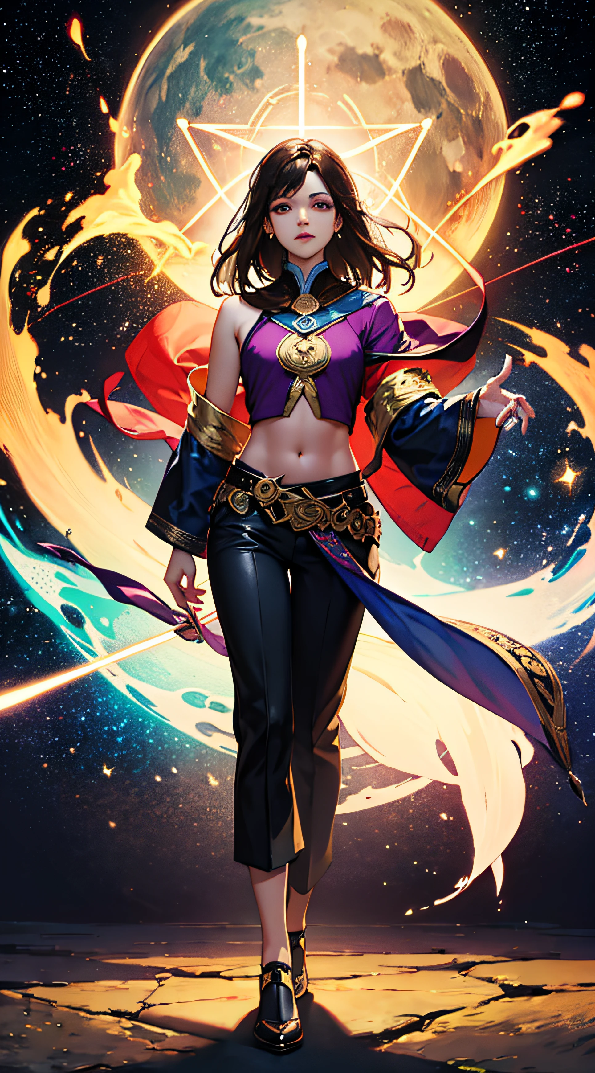 (masterpiece, superior quality, best quality, official art, beautiful and aesthetic), brazilian, brunette, detailed face, long black hair, full body, violet top and pants, celestial, cosmic, extremely beautiful, high detailed, (galactic background), light effects, more detailed, floating particles, ancient runes, geometric patterns, V0id3nergy, mana, shadows, epic atmosphere --auto