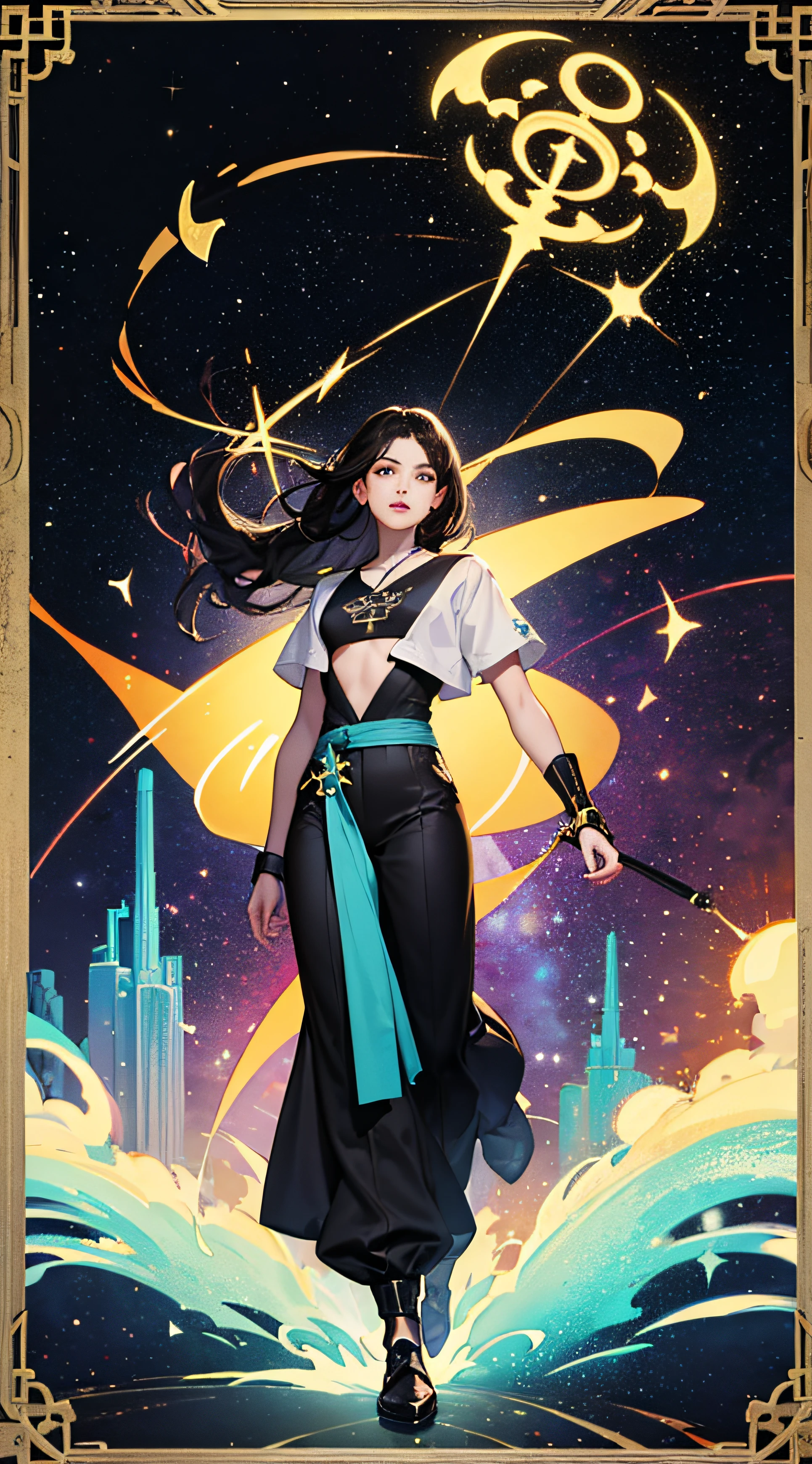 (masterpiece, superior quality, best quality, official art, beautiful and aesthetic), brazilian, brunette, detailed face, long black hair, full body, violet top and pants, celestial, cosmic, extremely beautiful, high detailed, (galactic background), light effects, more detailed, floating particles, ancient runes, geometric patterns, V0id3nergy, mana, shadows, epic atmosphere --auto