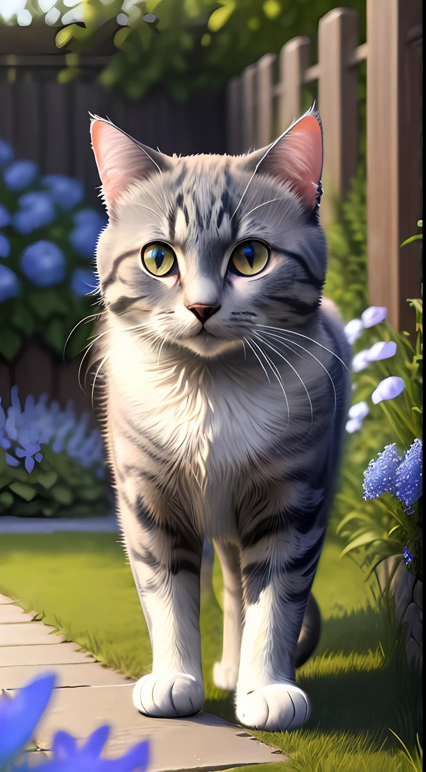 Dark gray cat, high resolution, light brown eyes, brindle, in garden with blue flowers