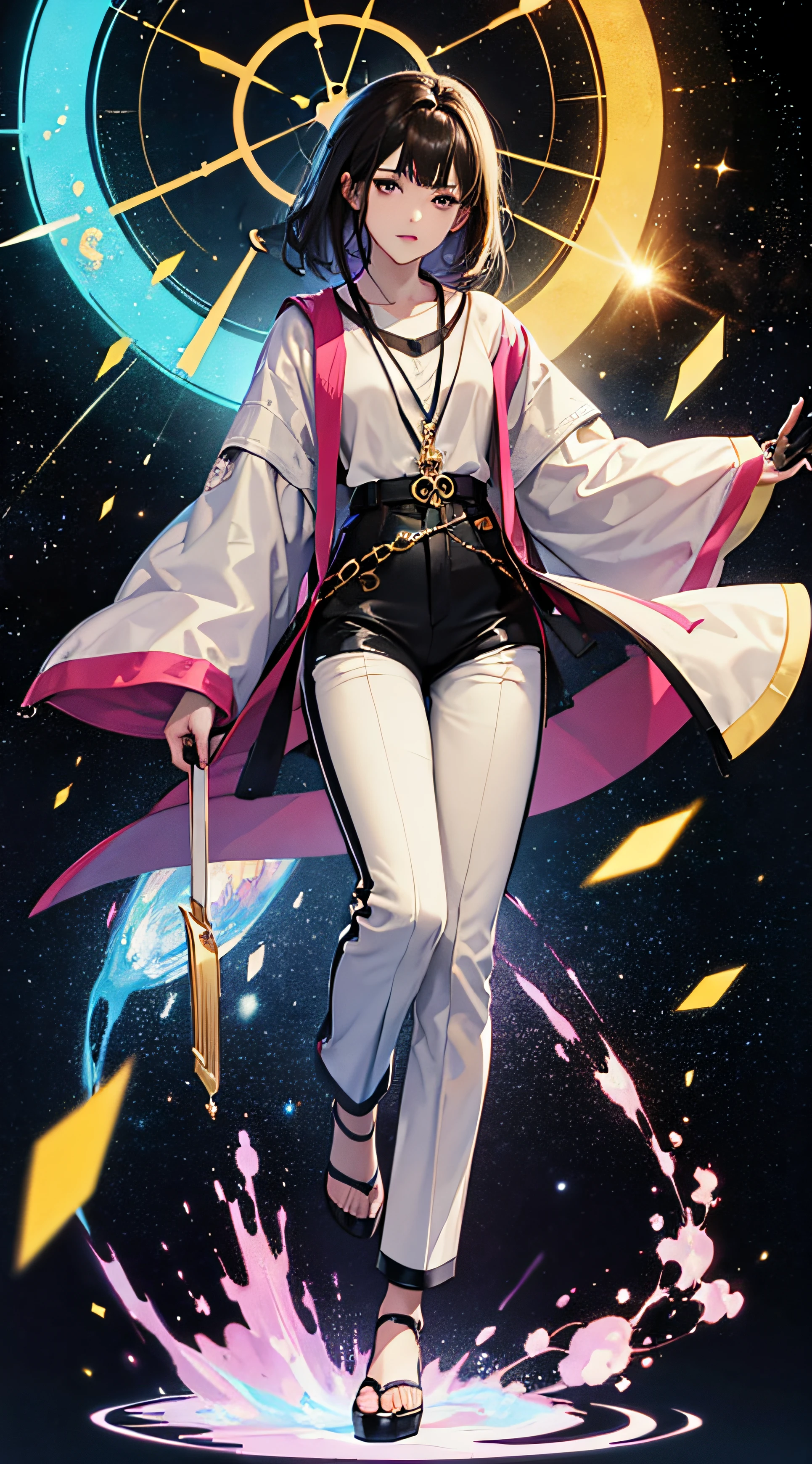 (masterpiece, superior quality, best quality, official art, beautiful and aesthetic), brazilian, brunette, detailed face, long black hair, full body, violet top and pants, celestial, cosmic, extremely beautiful, high detailed, (galactic background), light effects, more detailed, floating particles, ancient runes, geometric patterns, V0id3nergy, mana, shadows, epic atmosphere --auto