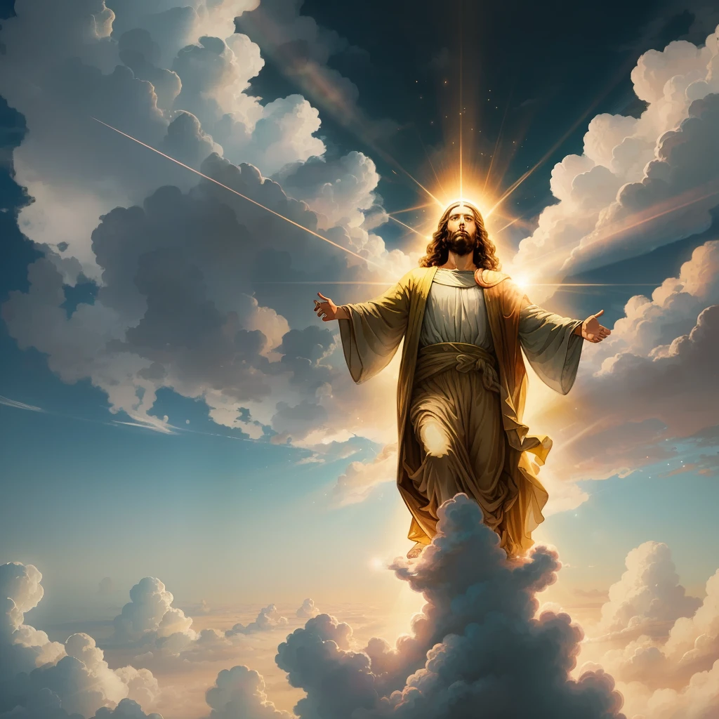 Jesus floating in the air on top of clouds with a light shining brightly on his face --auto --s2