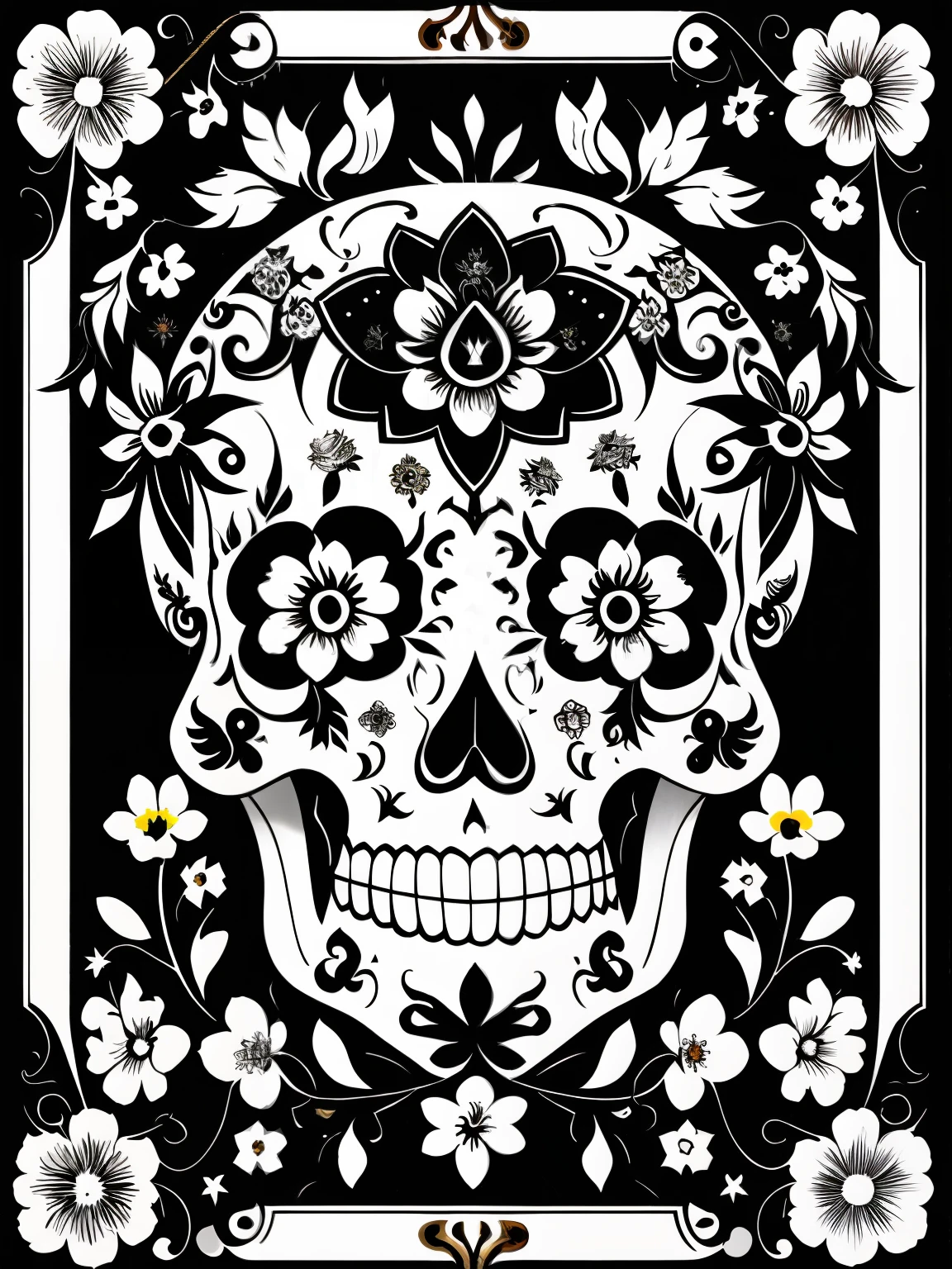 (Best Quality), (Masterpiece), (Ultra Detailed), (High Detail), (Extremely Detailed), Sugar Skull + Black & White Ink + Detailed Texture + Magic + Symmetry + Bouquet of Flowers + Flowers + Vines + Detailed Ink Illustration + Renaissance Symbols + Tarot Card with Ornate Border Frame + Dark Atmosphere + Flowers + White, Vector, Black & White Background, Colorless Page, 8k