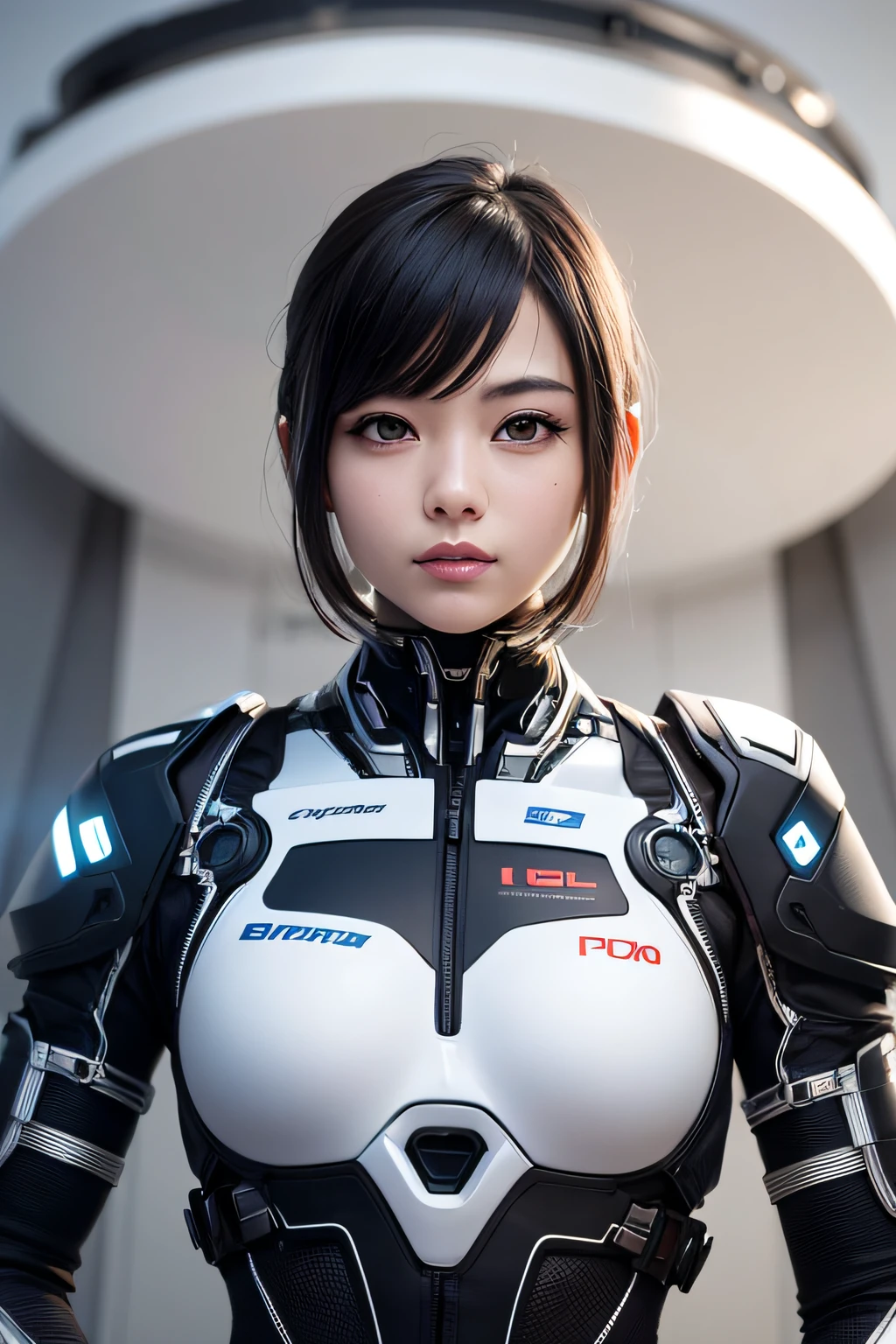 Photorealistic, very detailed, full head, 1girl, thin woman, executive, blue suit, 25 years old, (white cybernetic implants: 1.33), black hair with smooth bangs, clear face, looking at the viewer, smile, (perfect body, perfect face: 1.44), small breasts, futuristic city background, ulzzang-6500-v1.1, photorealistic digital art trend on Artstation 8k HD realistic high definition.