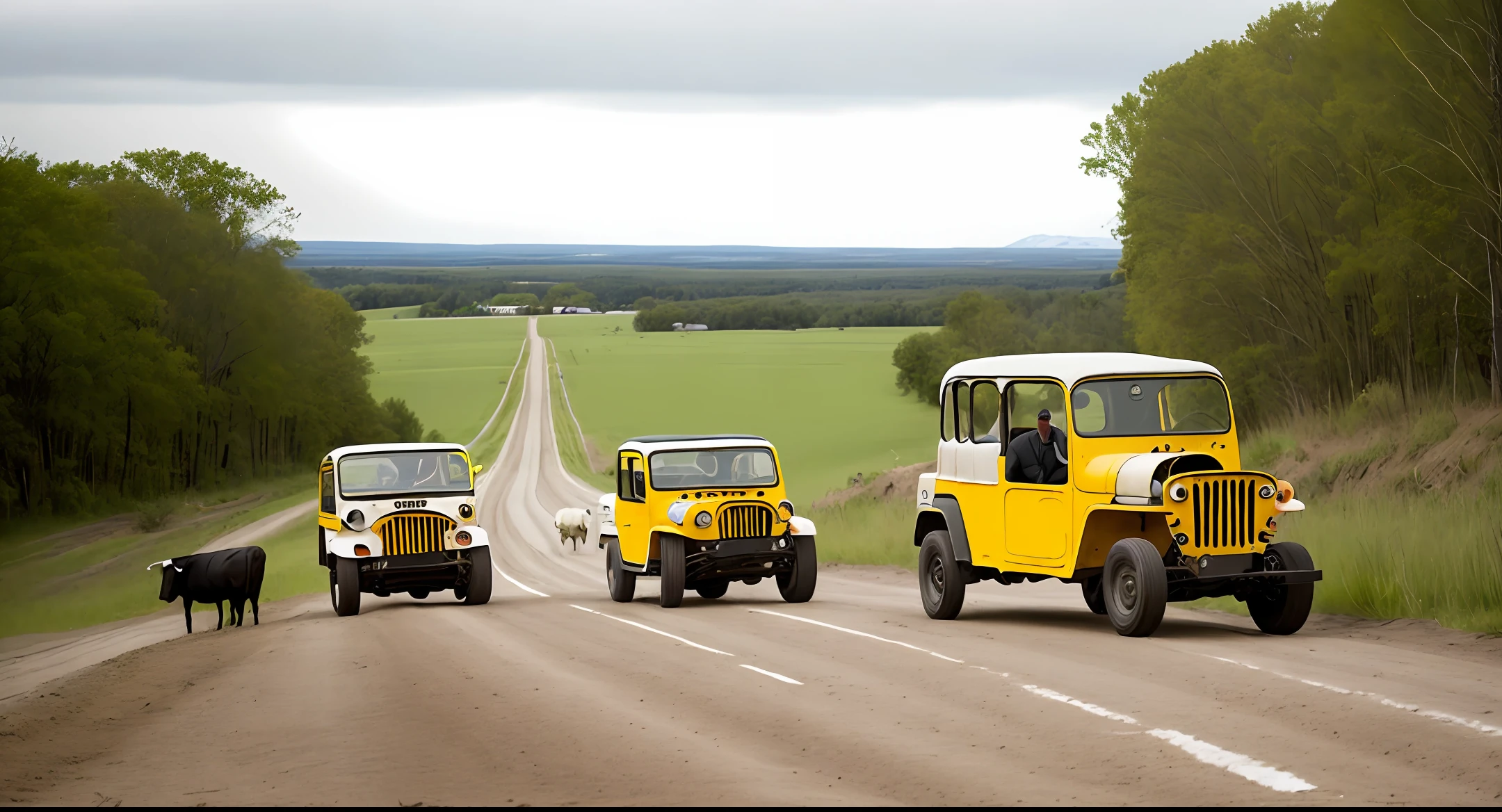 Rural type car willys on dirt road with cows grazing on the side of the road
