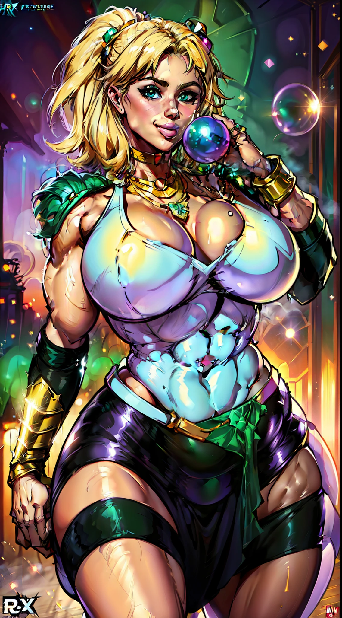 comics style, best quality, masterpiece, highres, extra thick hair with massive volume and body length hair, 1girl,china dress,hair ornament,necklace, jewelry,Beautiful face,upon_body, tyndall effect,photorealistic, dark studio, rim lighting, two tone lighting,(high detailed skin:1.2), 8k uhd, dslr, soft lighting, high quality, volumetric lighting, candid, Photograph, high resolution, 4k, 8k, Bokeh,(thicc busty hyper muscular endomorph blonde bimbo female), ((hyper huge arm muscles)), ((exaggerated anatomy)), smiling smirk reaction, (detailed full body shot and perfect face, hair various colors), (wearing bright purple and pine green pleather jacket (various colors) over buxom super heroine costume with detailed runic logo patches), (armored silver shoulders with platinum trim and runic symbols), armored silver and Electric Lime skirt with Sunset Orange trim, big thick and wide(erection under clothes, futa bulge), (blowing massive bubblegum bubble from lips),๐๐
sky, Roman Ruins, ((fog,flare)), featured on, behance, pixiv, artstation, reflections,8k,4K,unreal engine,โ๏ธ๐ฅ๐๐๐ฏ๐
