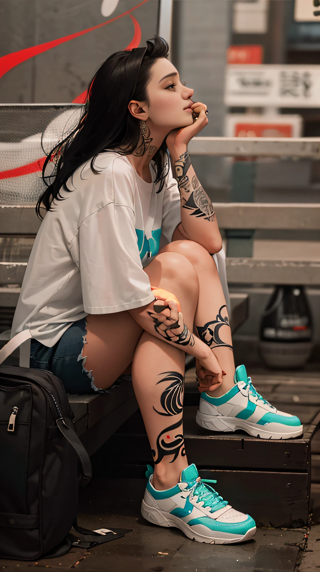 there is a woman sitting on a bench with a tattoo on her leg, low quality photo, she is wearing streetwear, profile image, very very low quality picture, with tattoos, profile picture, mix of aesthetics, sitting on the ground, low quality photograph, profile pic, inspired by Elsa Bleda, shot with a canon 35mm lens, lo fi