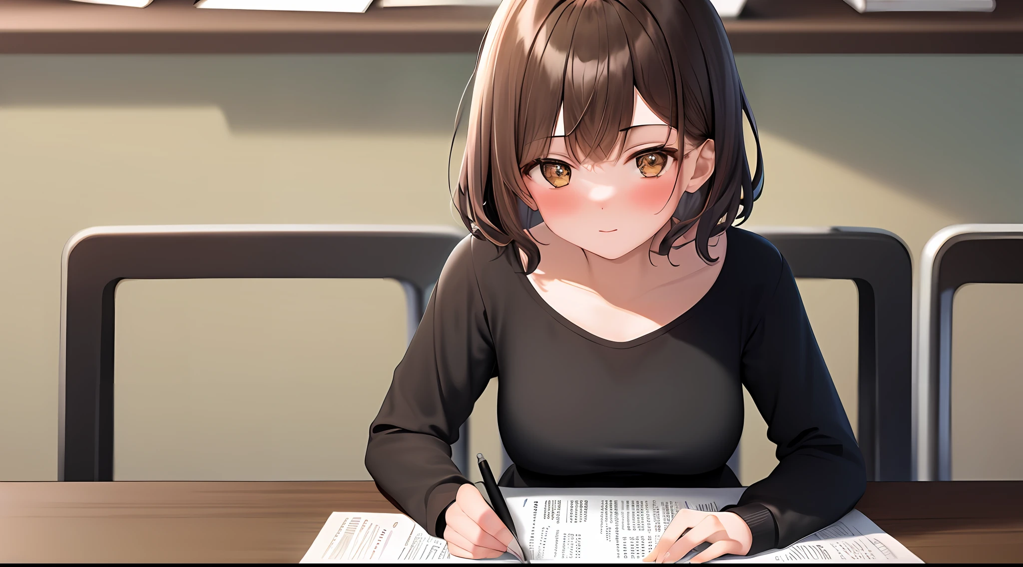 masterpiece, Best quality, High resolution, One girl, Shirt, Girl sitting in chair studying drafting at desk, horizontal angle, Studying, Paperwork, brown hair, Good luck studying, Parallel, Short hair