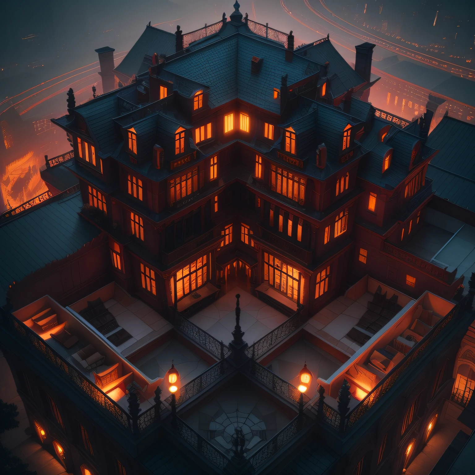 "Asymmetrical viewpoint, view of the building from above, mansion, X-rays, stylish furniture, red lighting, hellish architecture, grand mansion."