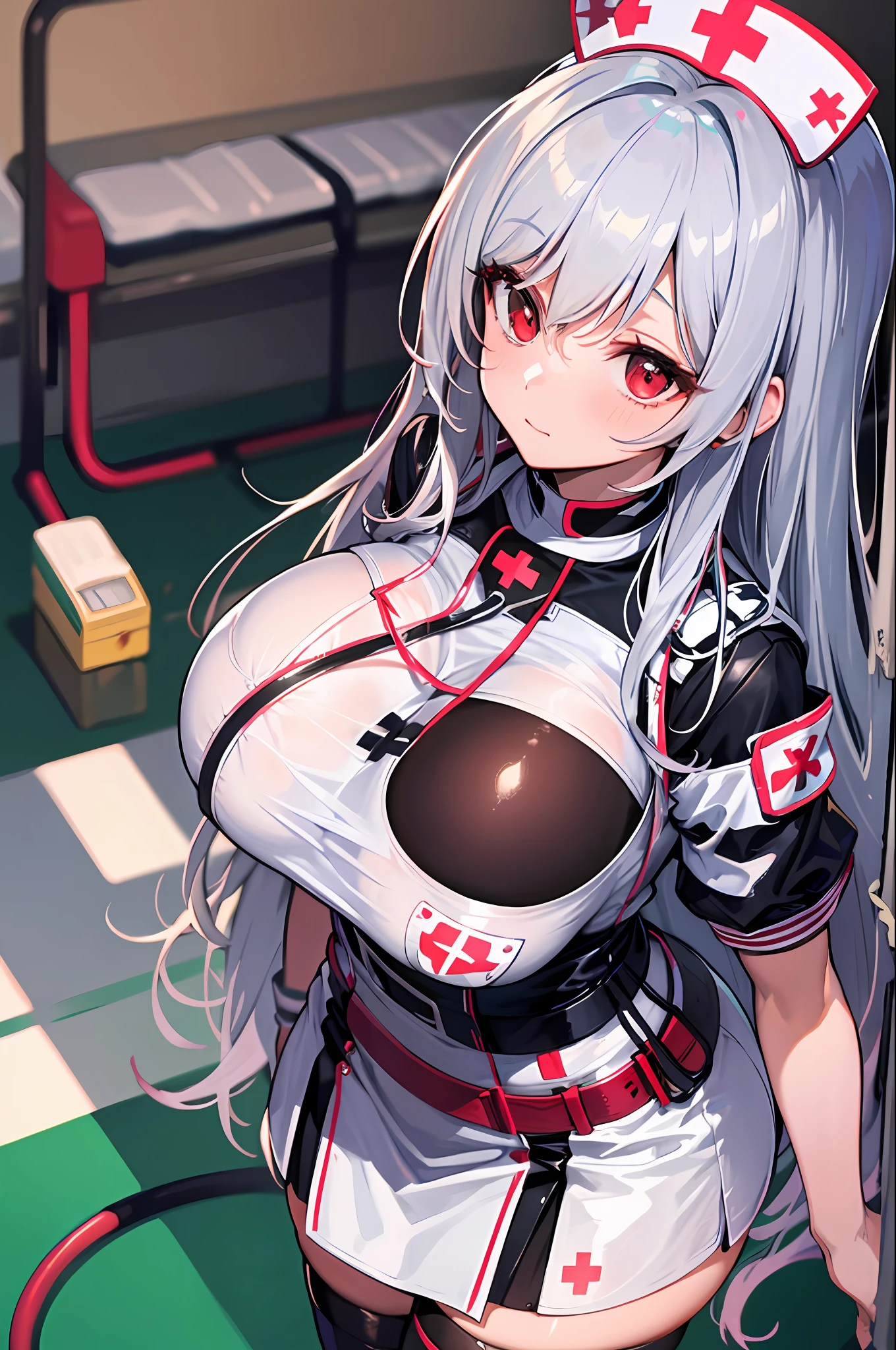 masterpiece, best quality, high_resolution, fine details, very detailed and beautiful, distinct_image, 1 girl, solo, silver hair, from above,red eyes, (huge breasts), (),hospital,curvy,,(nurse costume),thighhigh,(skirt),