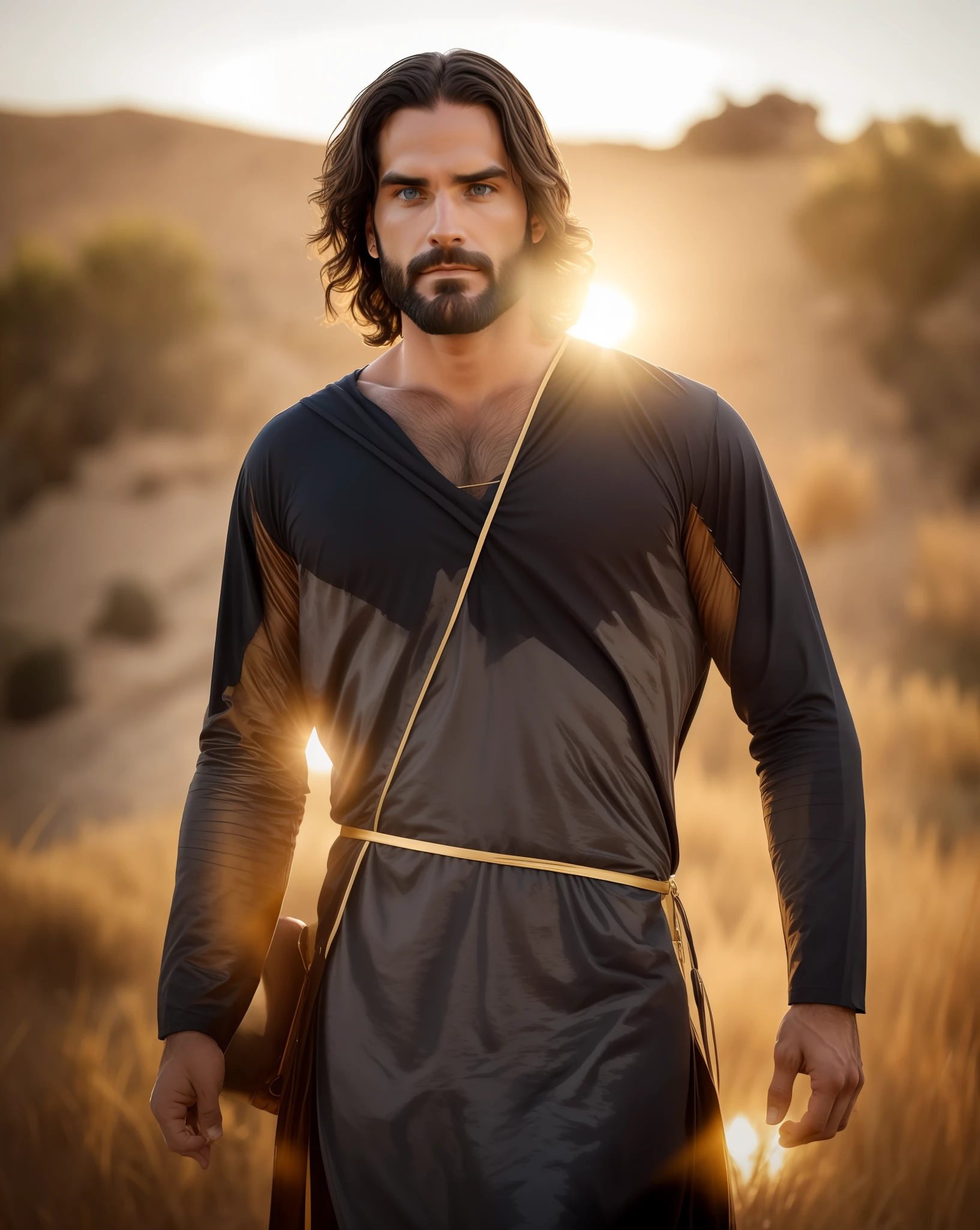 Seth Rollins as Jesus Christ, long hair, similar to seth rollins, wearing tunic, realistic image, best quality, 8k, focus on details.