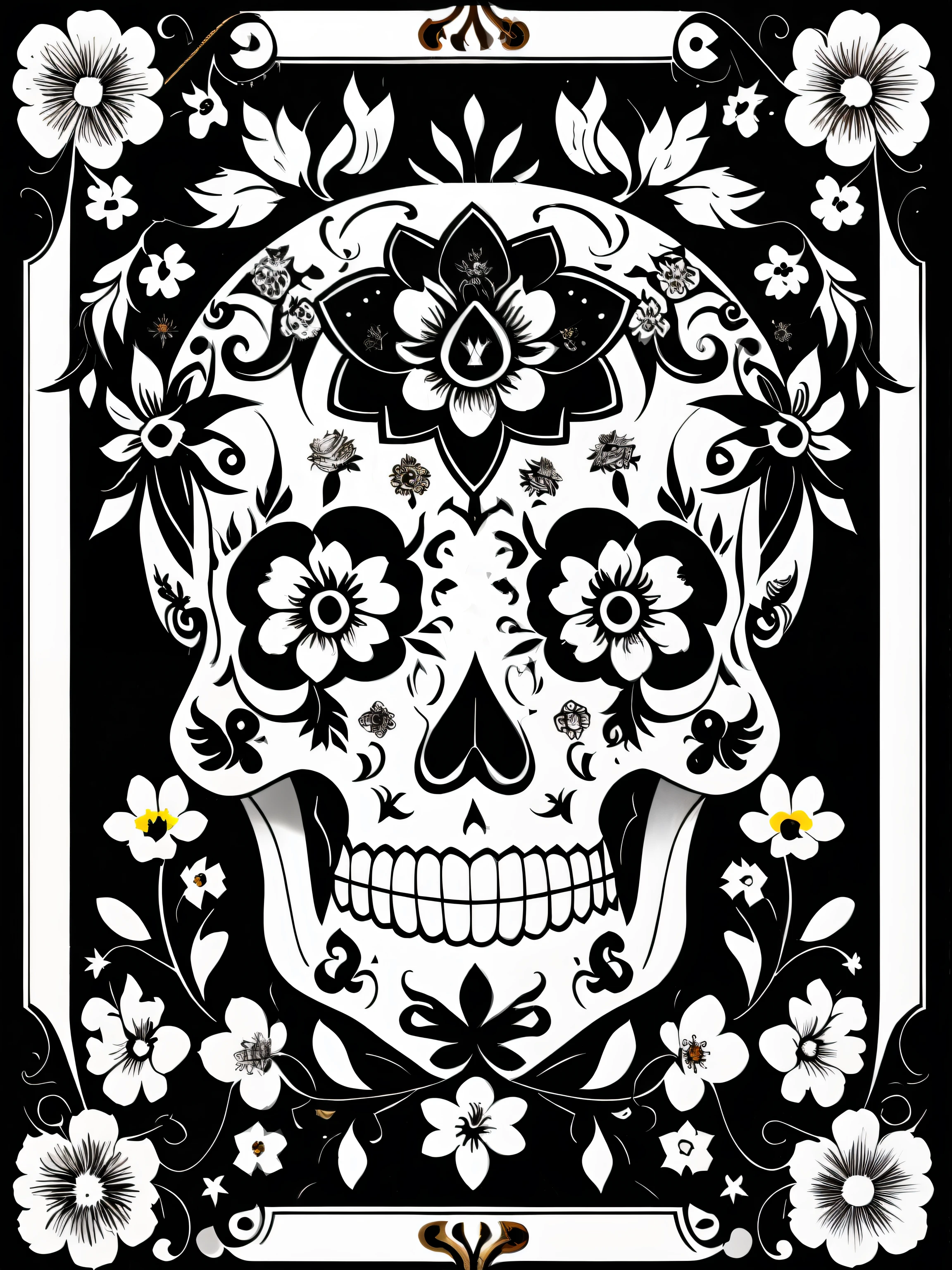 (Best Quality), (Masterpiece), (Ultra Detailed), (High Detail), (Extremely Detailed), Sugar Skull + Black & White Ink + Detailed Texture + Magic + Symmetry + Bouquet of Flowers + Flowers + Vines + Detailed Ink Illustration + Renaissance Symbols + Tarot Card with Ornate Border Frame + Dark Atmosphere + Flowers + White, Vector, Black & White Background, Colorless Page, 8k