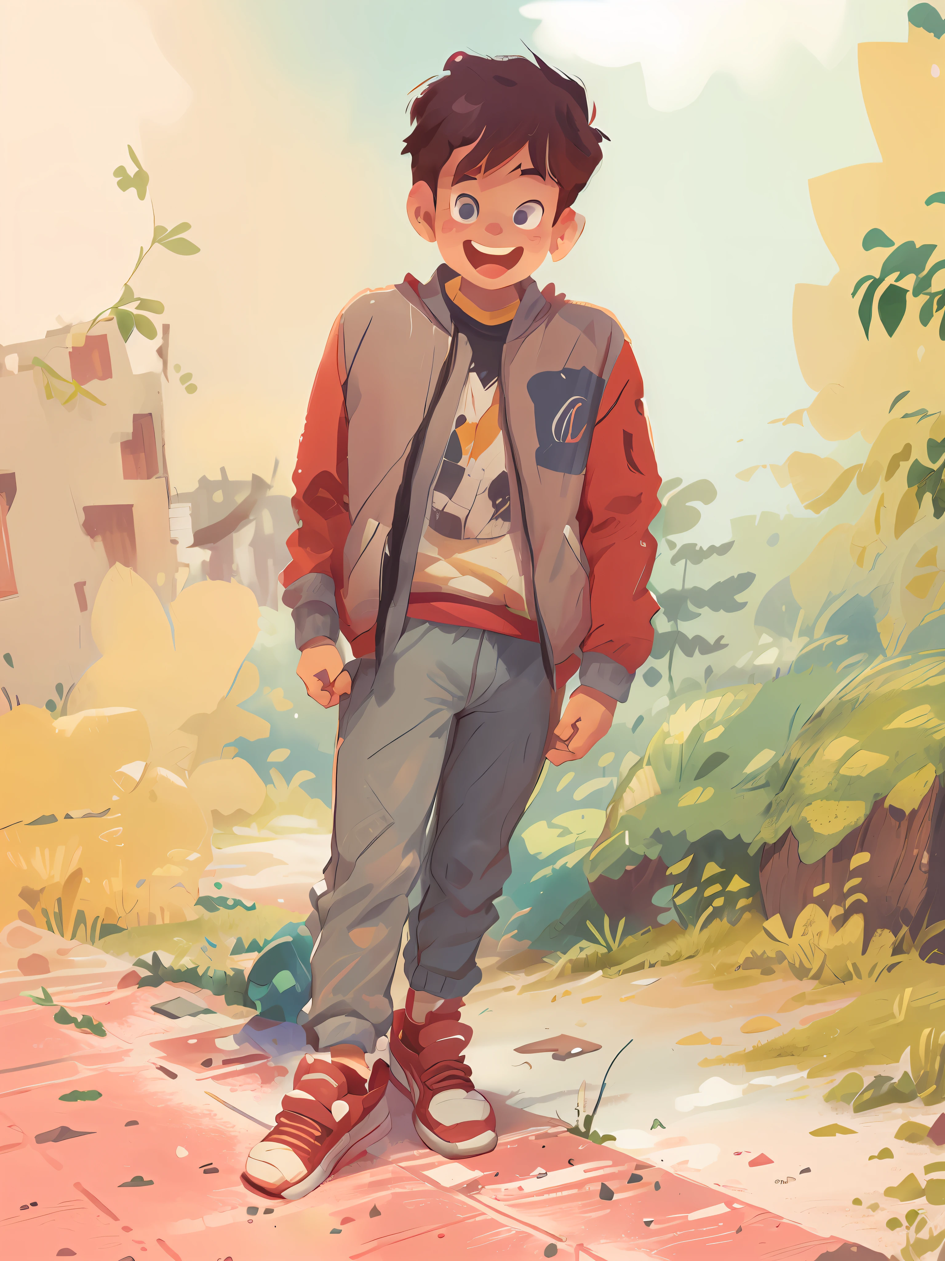 A 5-year-old boy starts in front of a sidewalk. Red sneakers, grey tracksuit and a grey jacket. (Very detailed face: 1.5), (big smile: 1.2), (real eyes: 1.2), 8k