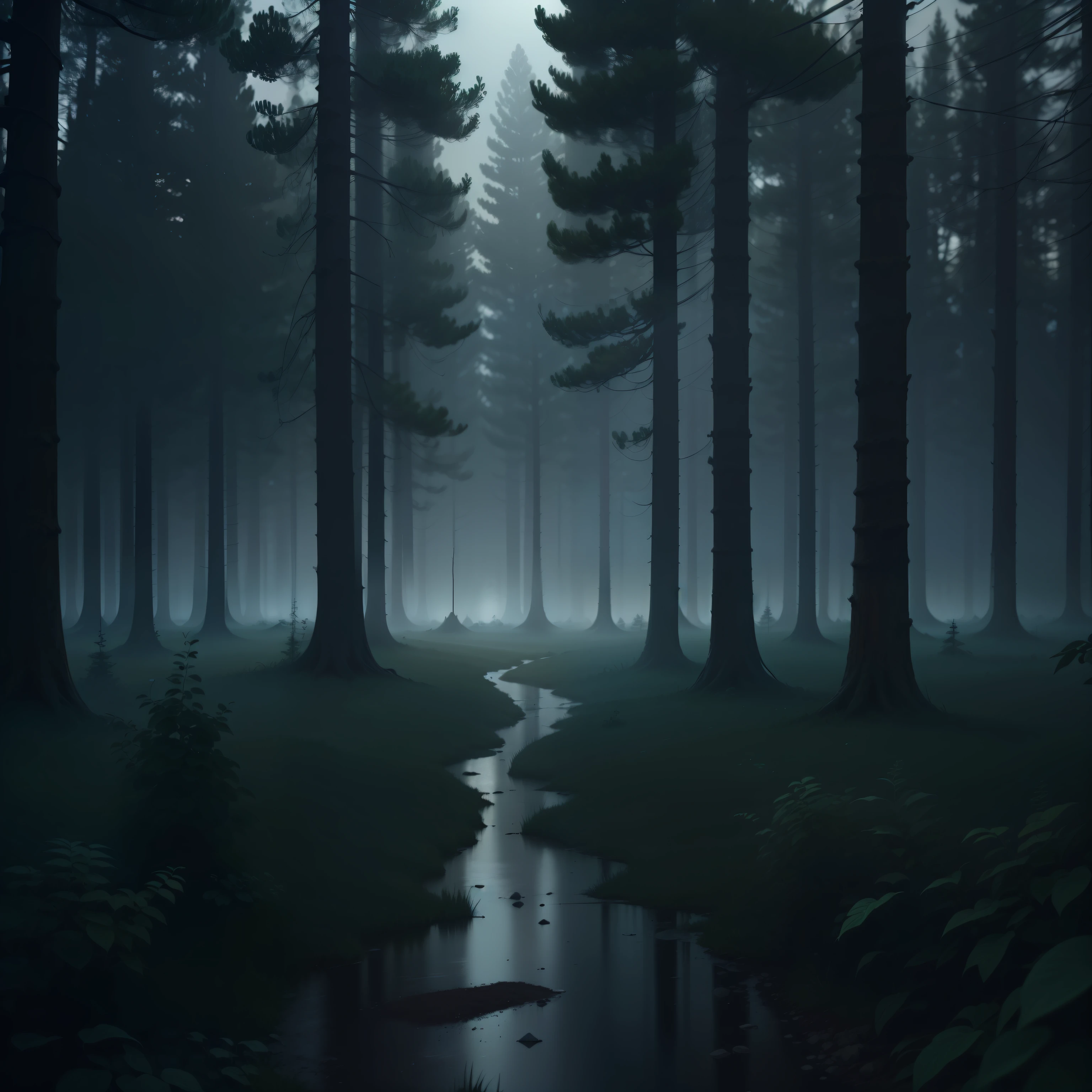 terror, forest, night, fog, dense light, dirt floor, (cinematic, 8k, realism)