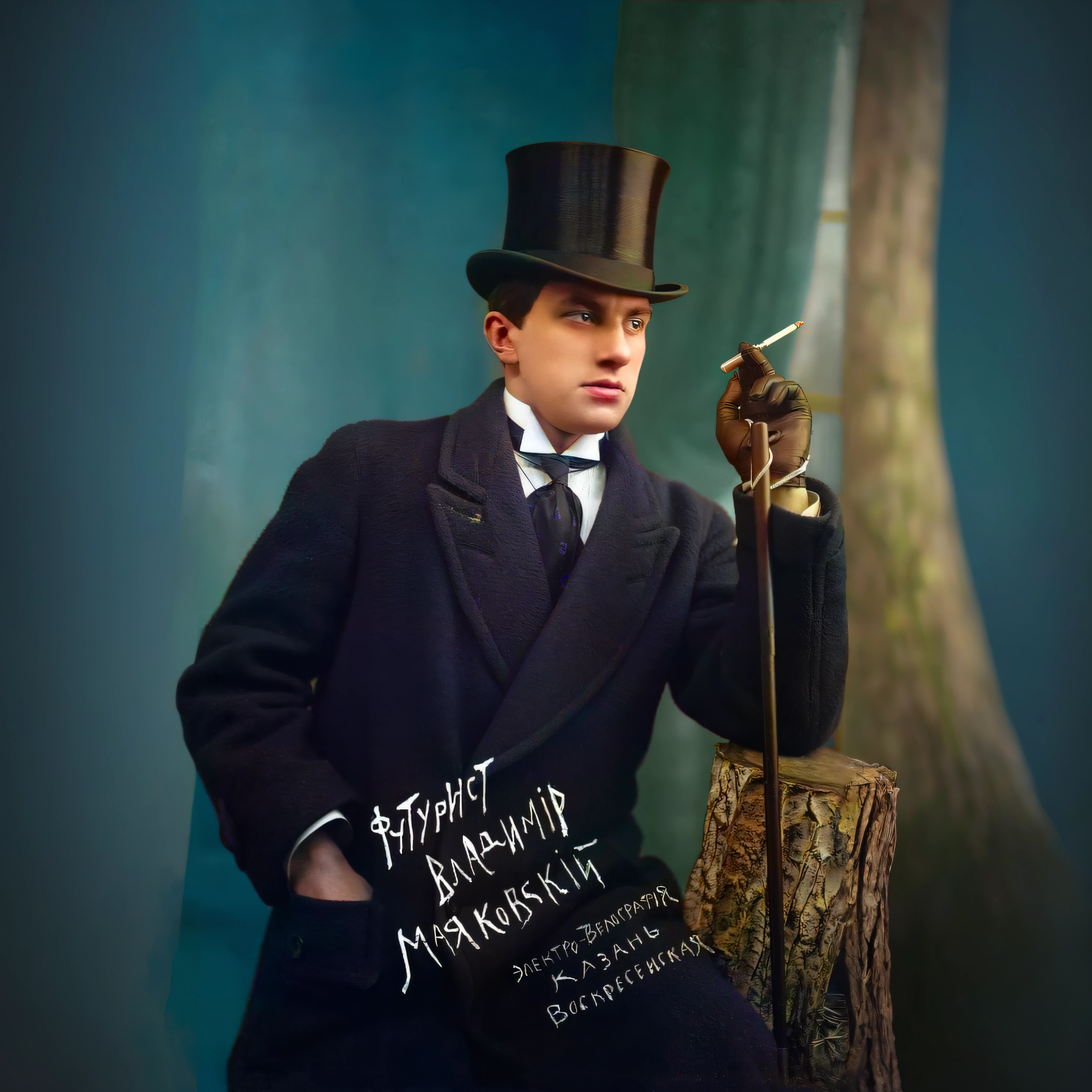 there is a man in a top hat and suit sitting on a stump, colorized 1 9 0 4 photo, colorized photograph, inspired by William Mustart Lockhart, inspired by Aleksandr Ivanovich Laktionov, a colorized photo, inspired by Nikolay Nikanorovich Dubovskoy, inspired by Fyodor Slavyansky, colorized photo