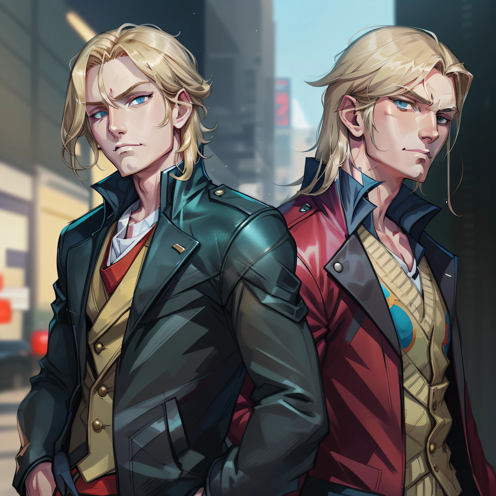 anime image of a man with blonde hair and a brown jacket, johan liebert, johan liebert mixed with alucard, johan liebert mixed with dante, boromir in an 80\'s anime world, ( ( ( yoshinari yoh ) ) ), style of hajime isayama, tall anime guy with blue eyes, male anime character