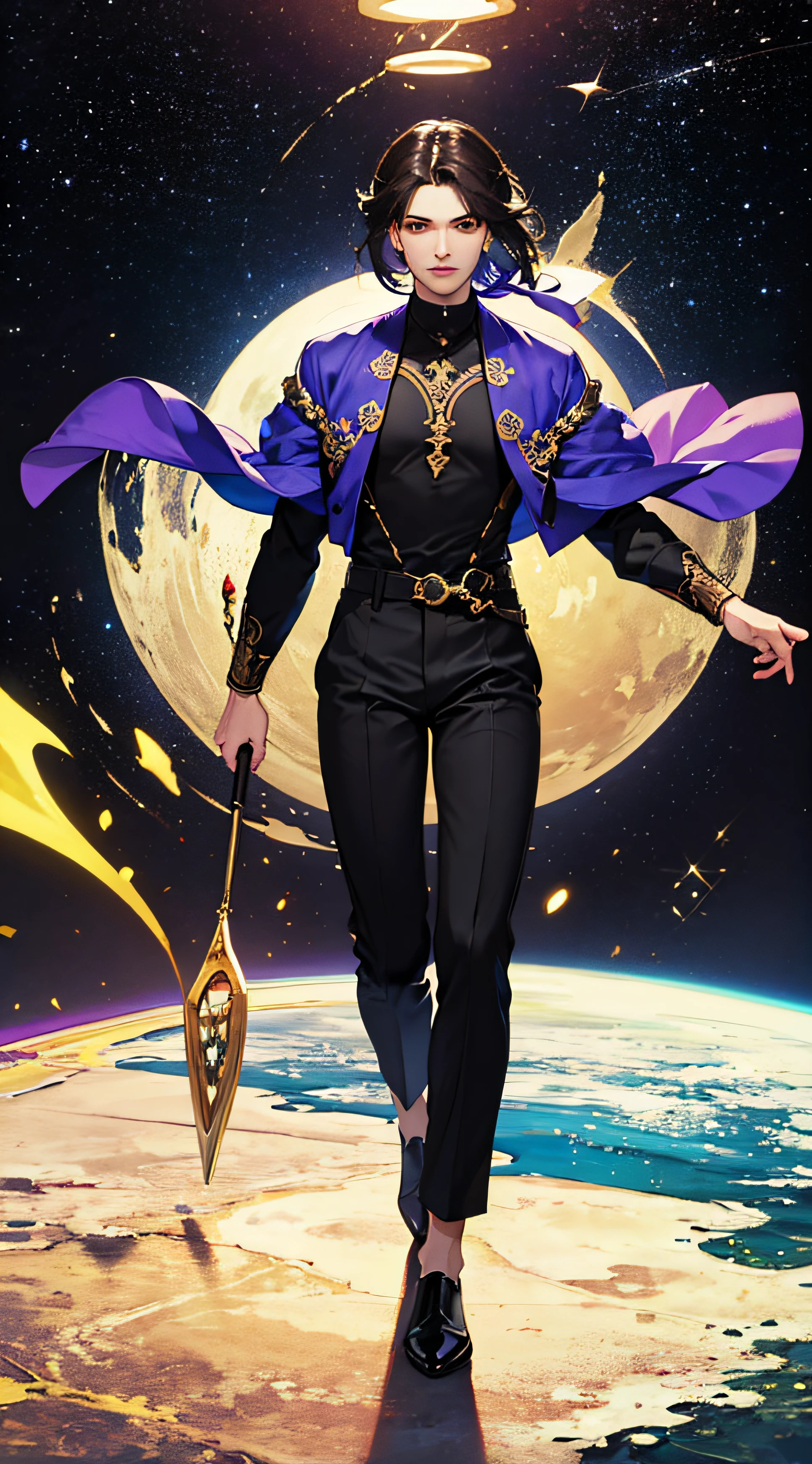 (masterpiece, superior quality, best quality, official art, beautiful and aesthetic), brazilian, black, detailed face, long black hair, full body, violet top and pants, celestial, cosmic, extremely beautiful, high detailed, (galactic background), light effects, more detailed, floating particles, ancient runes, geometric patterns, V0id3nergy, mana, shadows, epic atmosphere --auto