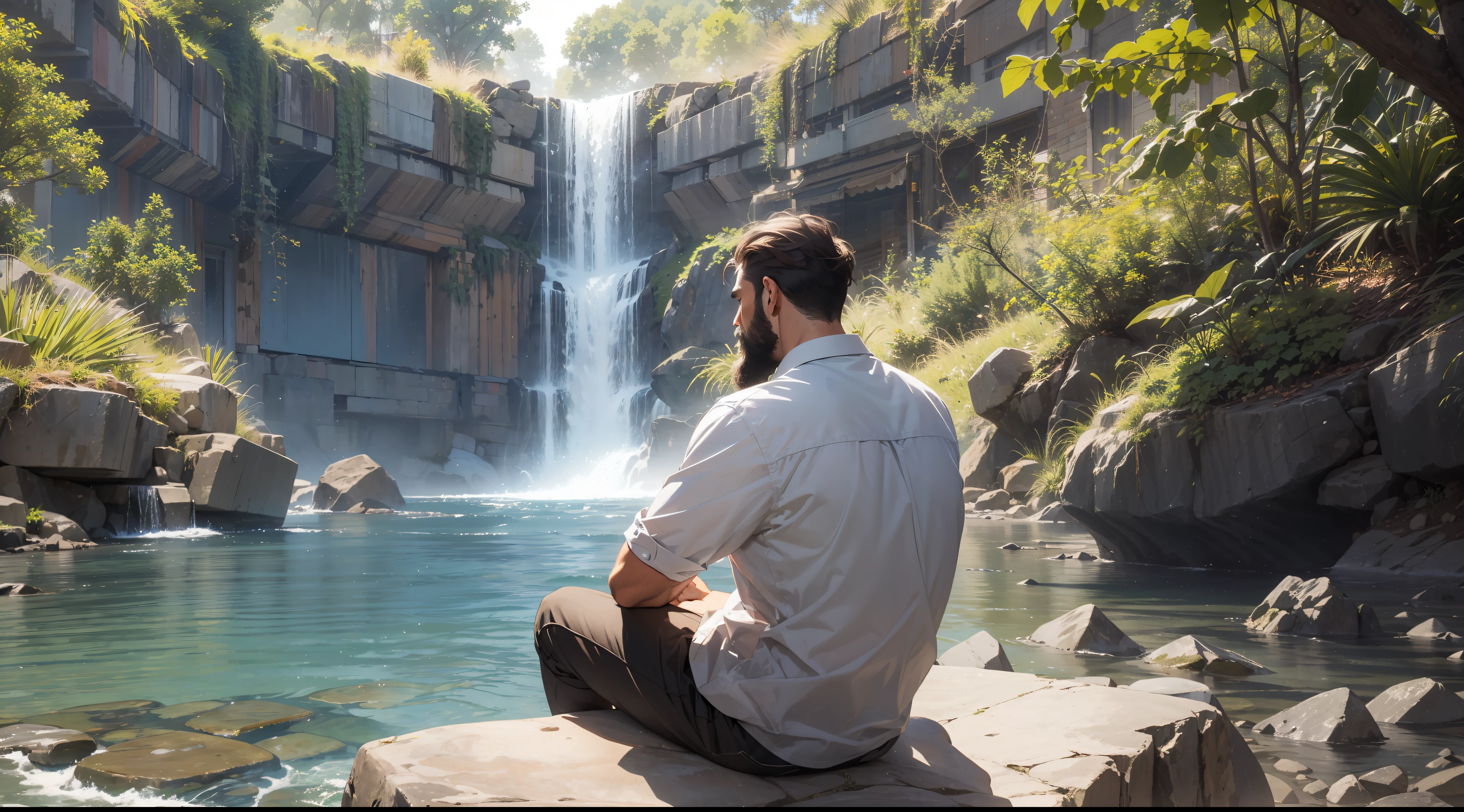 A bearded man sitting on a rock, turned on his back, gazing at the horizon, lost in thought.
