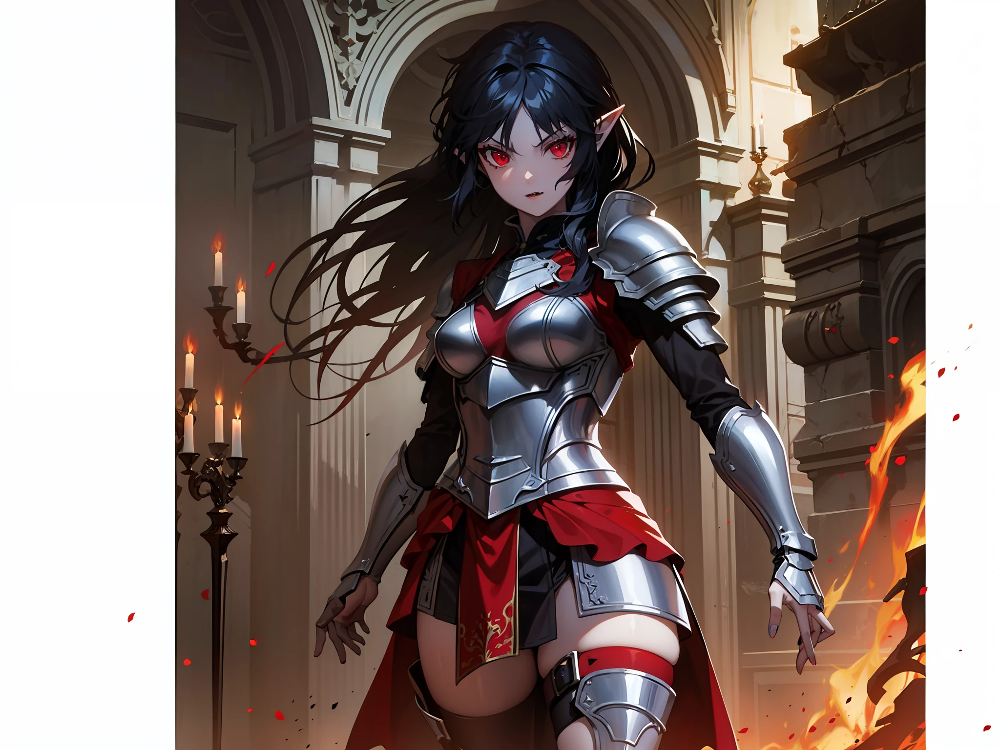 Girl, pointy ears, red eyes, dressed in armor, vampire,4k, Full body