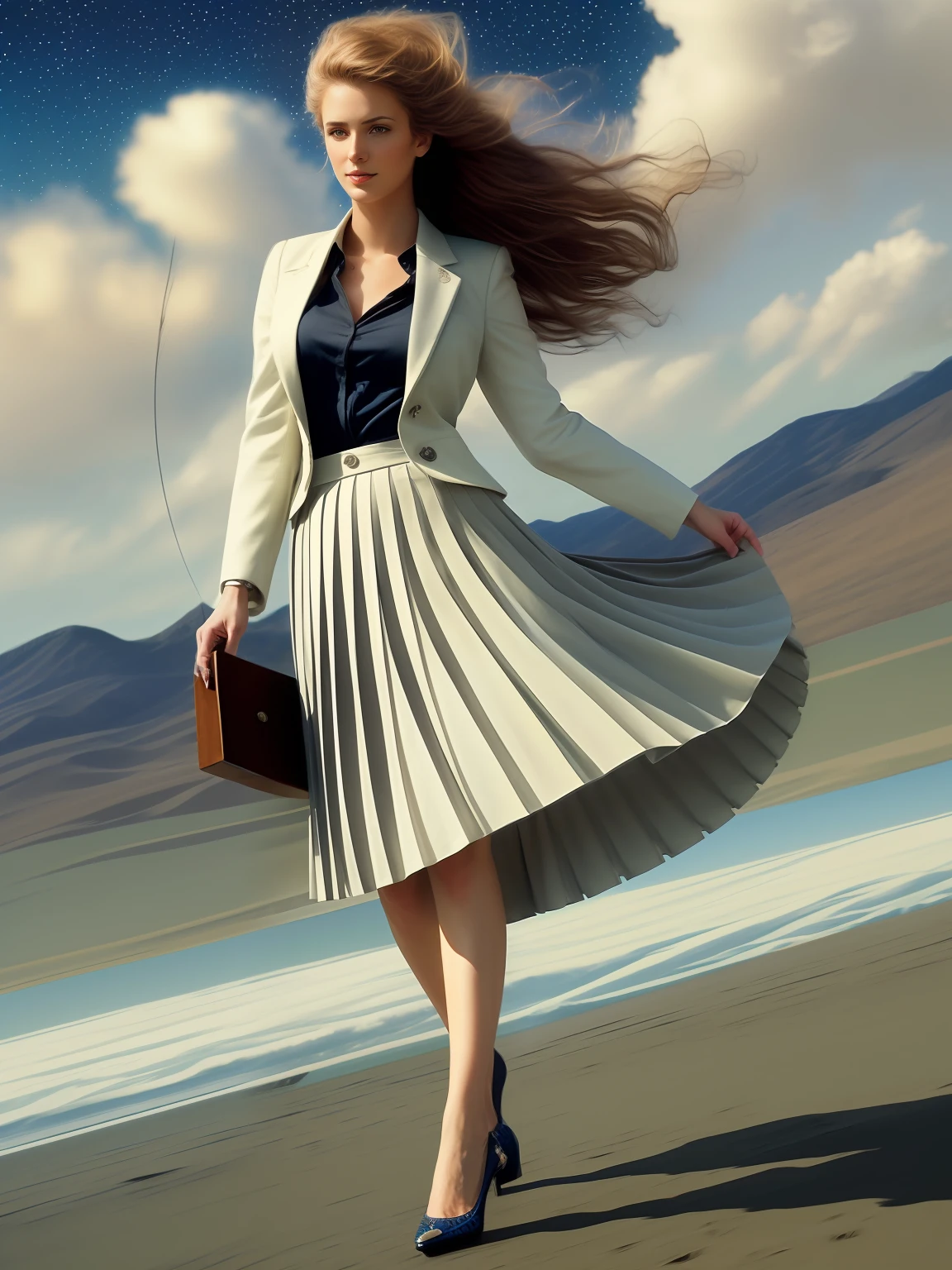 authentic (kind and tender) good woman wearing a short blazer with a very very detailed (long (fully pleated) full circle skirt) and (simple) low heeled office shoes, very very intricate hyper-detailed symmetric (attractive graceful young feminine face) with (sad, tired eyes and shy smile), full of empathy and compassion and love, (pronounced (feminine) features), (highly detailed ultra accurate realistic) hands and fingers, (windy conditions and wind blowing), epic composition, highly detailed attributes, highly detailed atmosphere, (35mm f1.4 Kodak portra 400 photograph), extremely high quality RAW photograph, detailed space operation communications background, intricate, Exquisite details and textures,