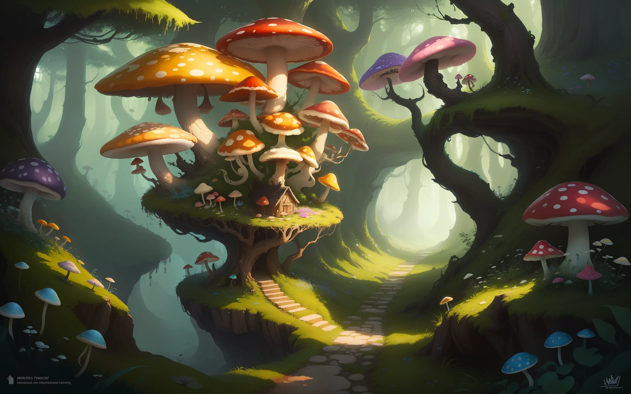 there is a cartoon picture of a fantasy forest with mushrooms, stylized concept art, colorful