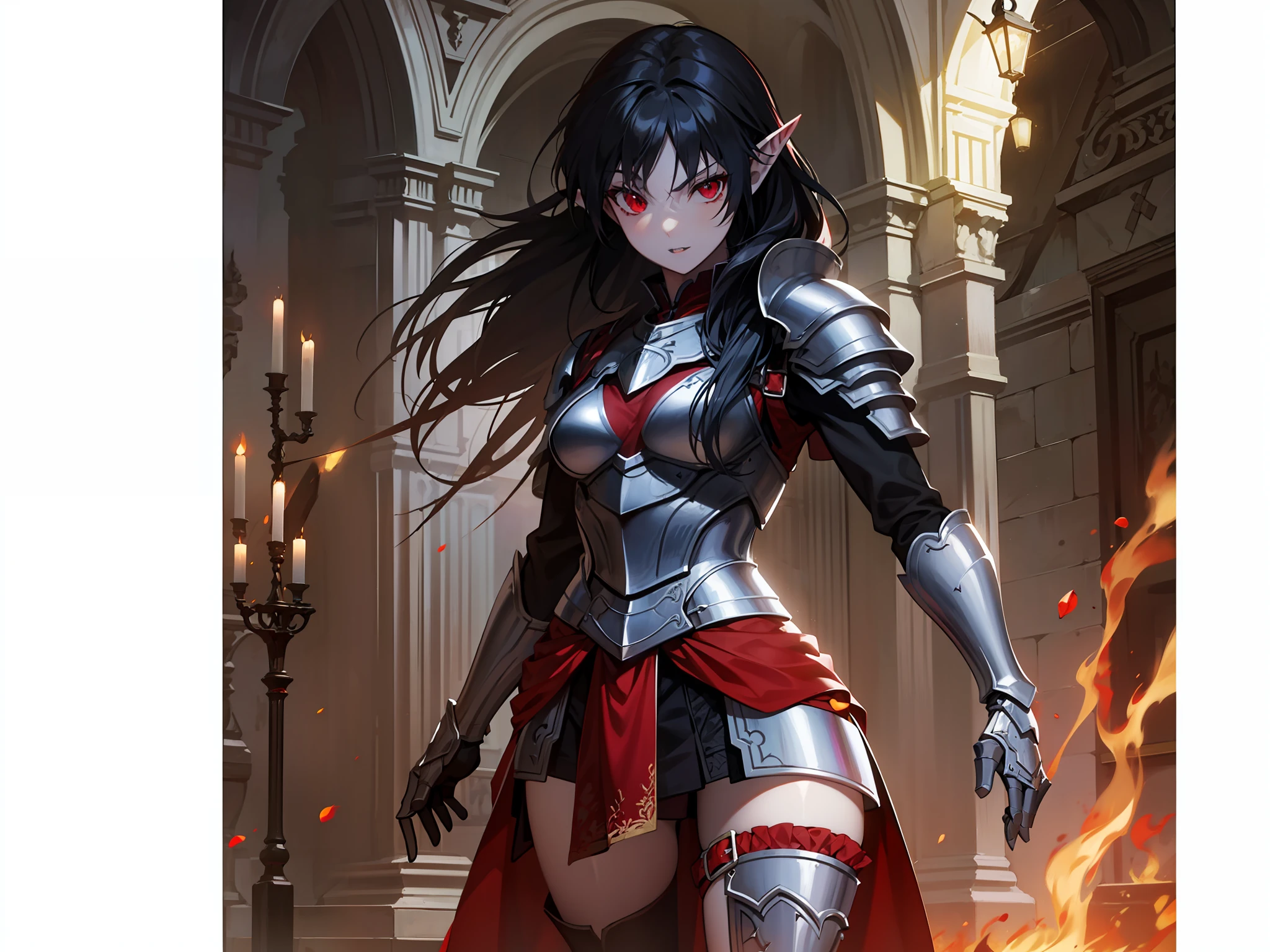 Girl, pointy ears, red eyes, dressed in armor, vampire,4k, Full body