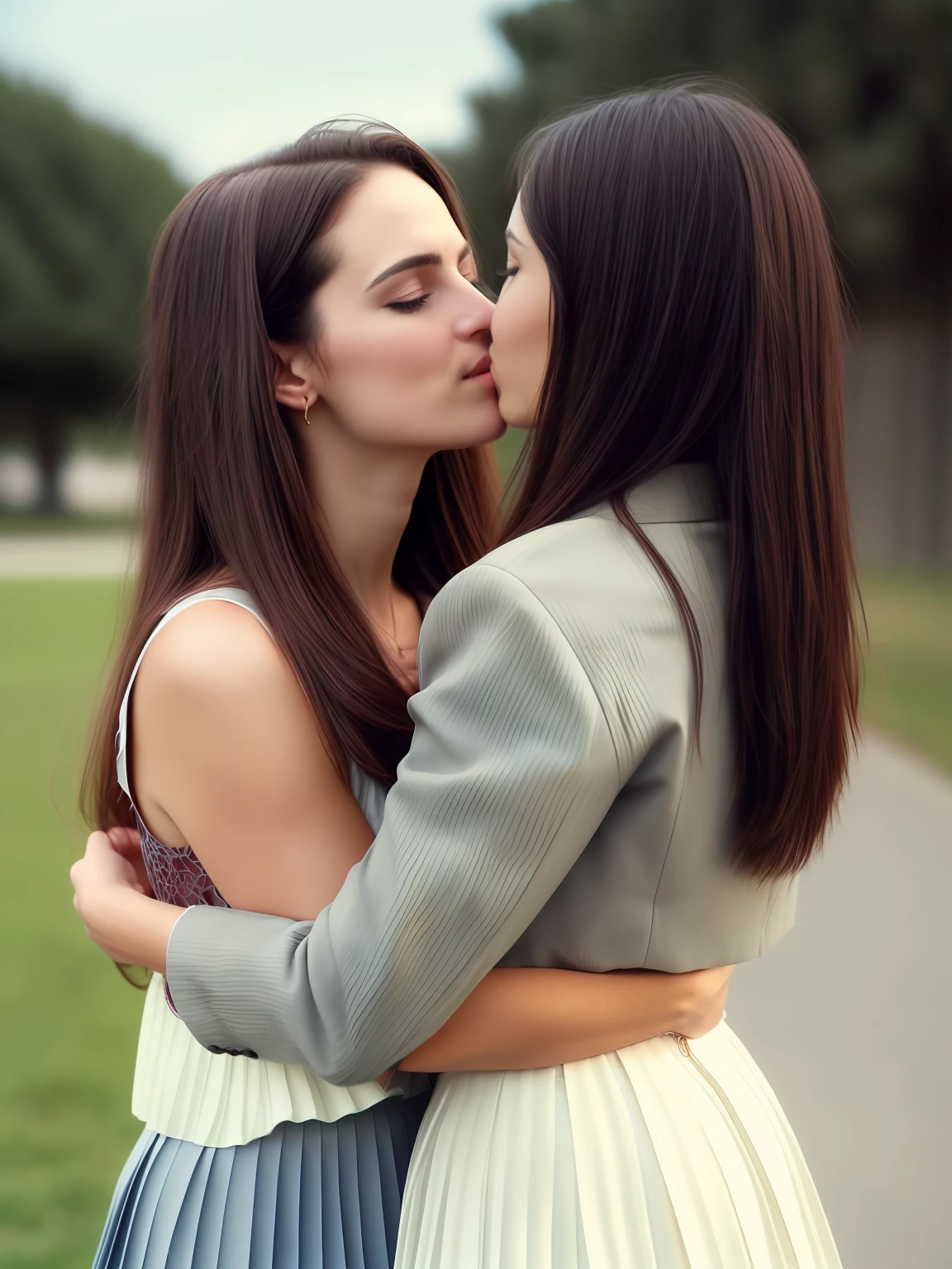 desperate women intensely kissing women, authentic (kind and tender) good woman wearing a short blazer with a very very detailed (long (fully pleated) full circle skirt) and (simple) low heeled office shoes, very very intricate hyper-detailed symmetric (attractive graceful young feminine face) with (sad, tired eyes and a shy smile), full of empathy and compassion and love, (pronounced (feminine) features), (highly detailed ultra accurate realistic) hands and fingers, (windy conditions and wind blowing), epic composition, highly detailed attributes, highly detailed atmosphere, (35mm f1.4 Kodak portra 400 photograph), extremely high quality RAW photograph, detailed background, intricate, Exquisite details and textures,